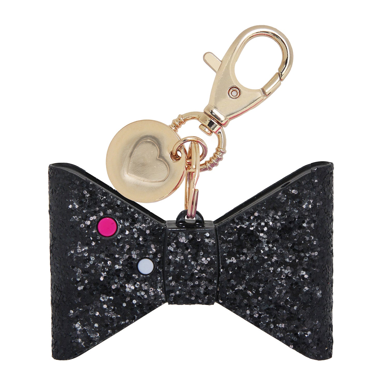 small compact personal safety alarm in a glittery bow shape with a keychain clip, an oversized lobster clip, a pink trigger button, and an LED safety light button operating on a 12-volt A23 battery available in black