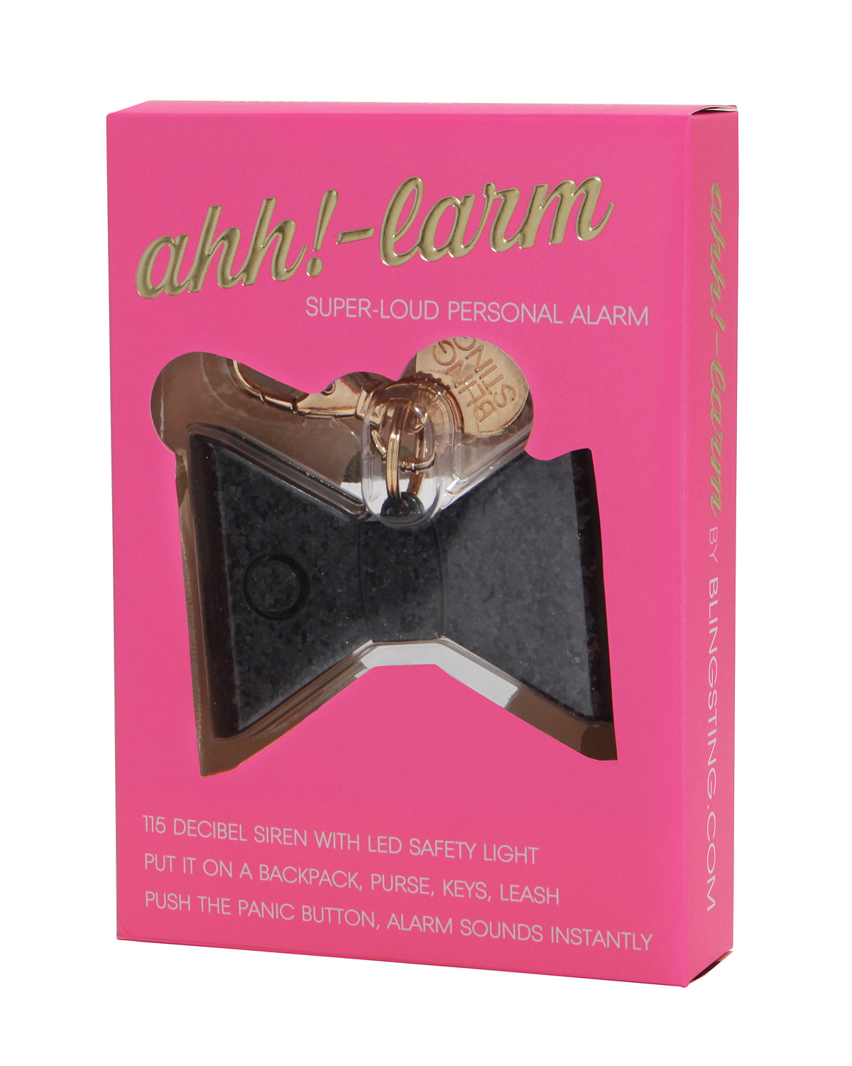 small compact personal safety alarm in a glittery bow shape with a keychain clip, an oversized lobster clip, a pink trigger button, and an LED safety light button operating on a 12-volt A23 battery available in black