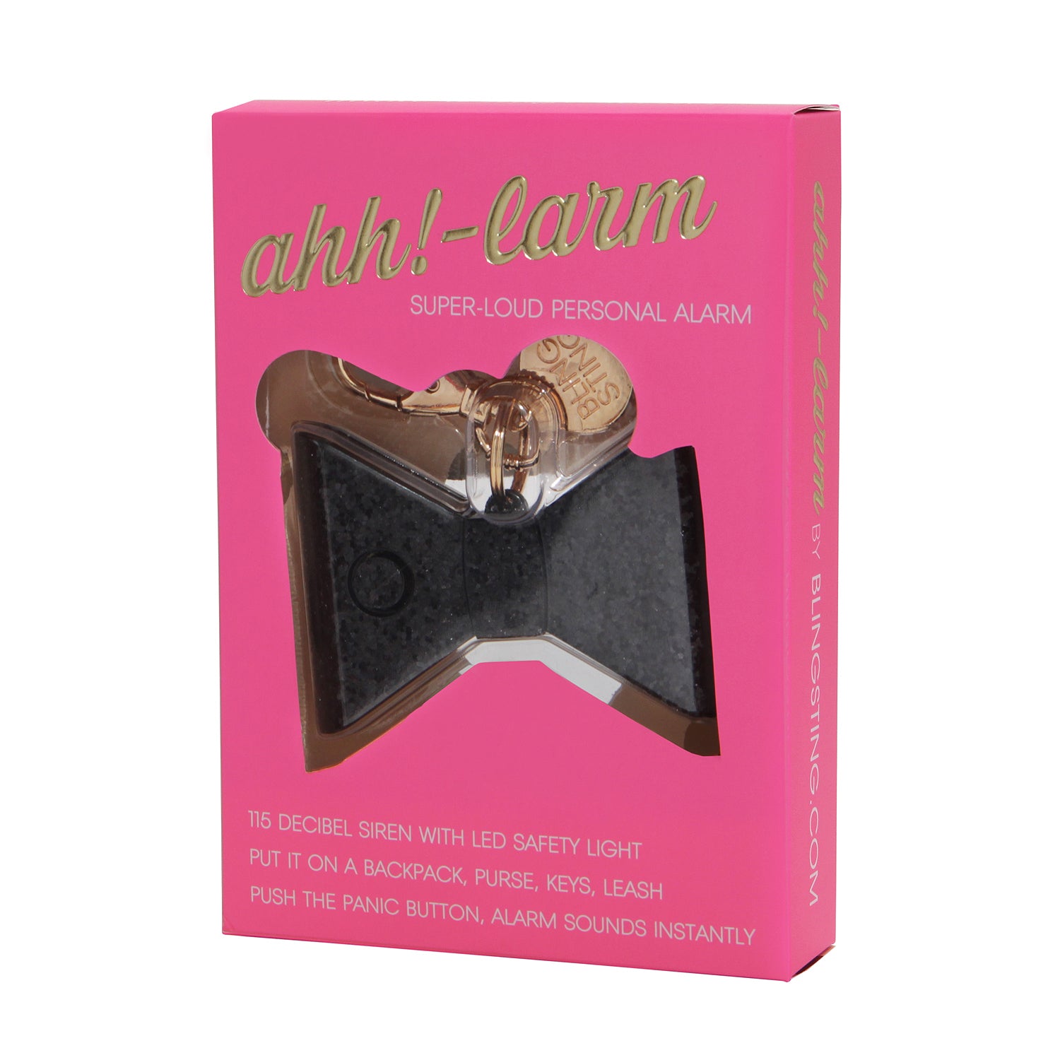 small compact personal safety alarm in a glittery bow shape with a keychain clip, an oversized lobster clip, a pink trigger button, and an LED safety light button operating on a 12-volt A23 battery available in black