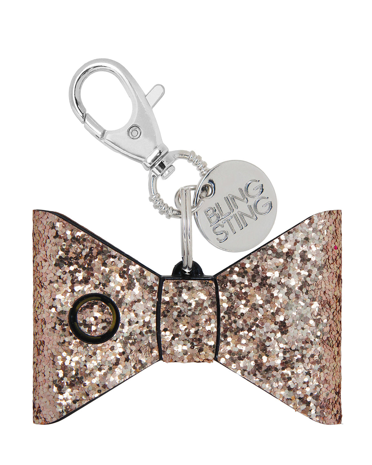 small compact personal safety alarm in a glittery bow shape with a keychain clip, an oversized lobster clip, a pink trigger button, and an LED safety light button operating on a 12-volt A23 battery available in rose gold