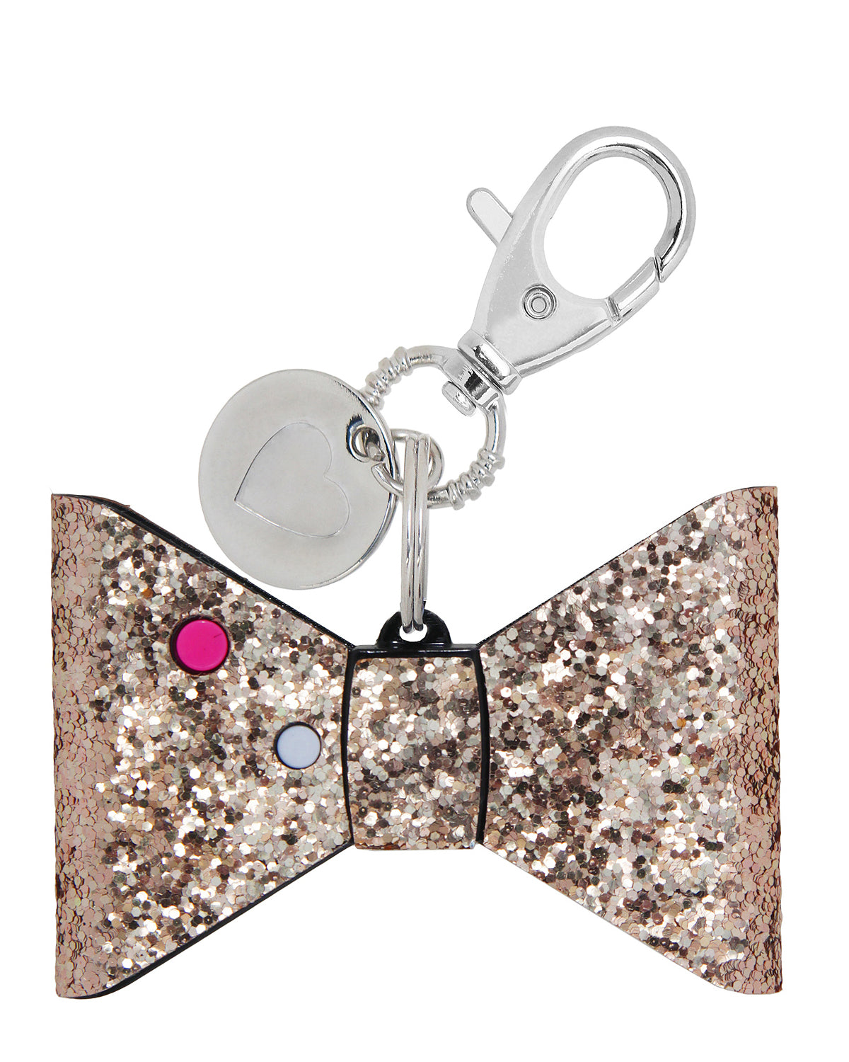 small compact personal safety alarm in a glittery bow shape with a keychain clip, an oversized lobster clip, a pink trigger button, and an LED safety light button operating on a 12-volt A23 battery available in rose gold