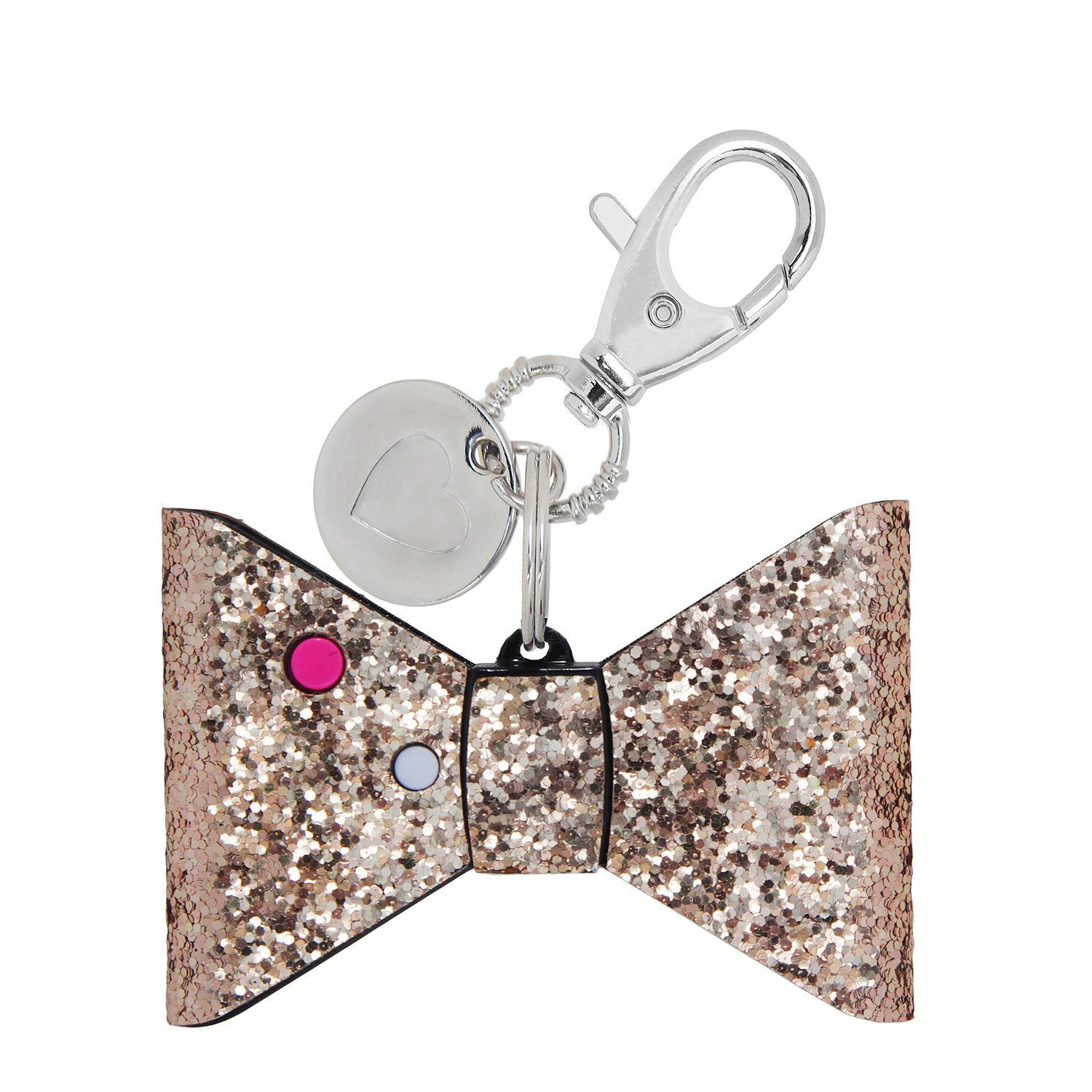 small compact personal safety alarm in a glittery bow shape with a keychain clip, an oversized lobster clip, a pink trigger button, and an LED safety light button operating on a 12-volt A23 battery available in rose gold