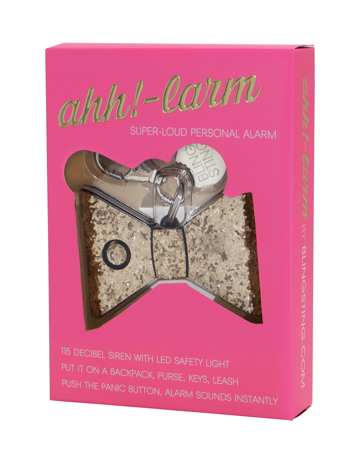 small compact personal safety alarm in a glittery bow shape with a keychain clip, an oversized lobster clip, a pink trigger button, and an LED safety light button operating on a 12-volt A23 battery available in rose gold