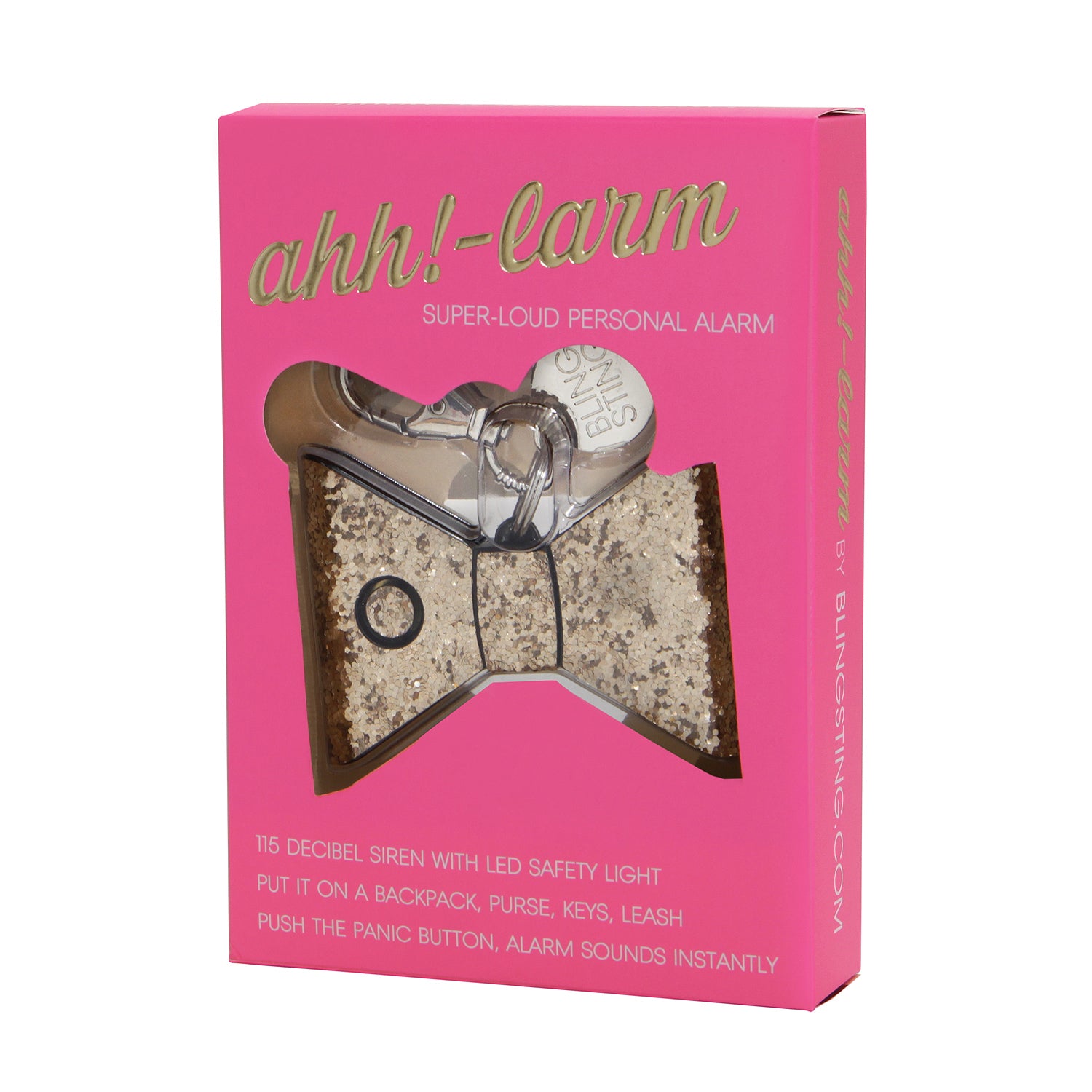 small compact personal safety alarm in a glittery bow shape with a keychain clip, an oversized lobster clip, a pink trigger button, and an LED safety light button operating on a 12-volt A23 battery available in rose gold