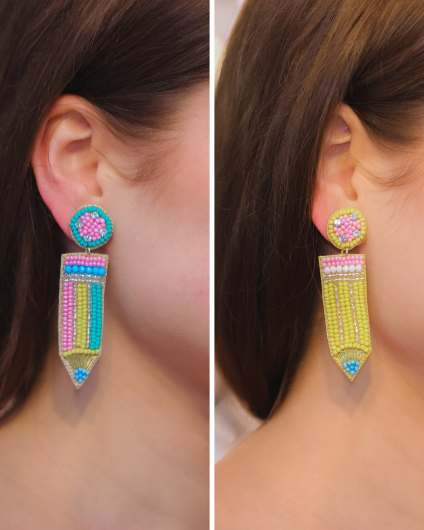 pencil-shaped stud earrings made of colorful beading and rhinestones with a felt backing, a comfort back earring, and a plastic disc stopper in gold