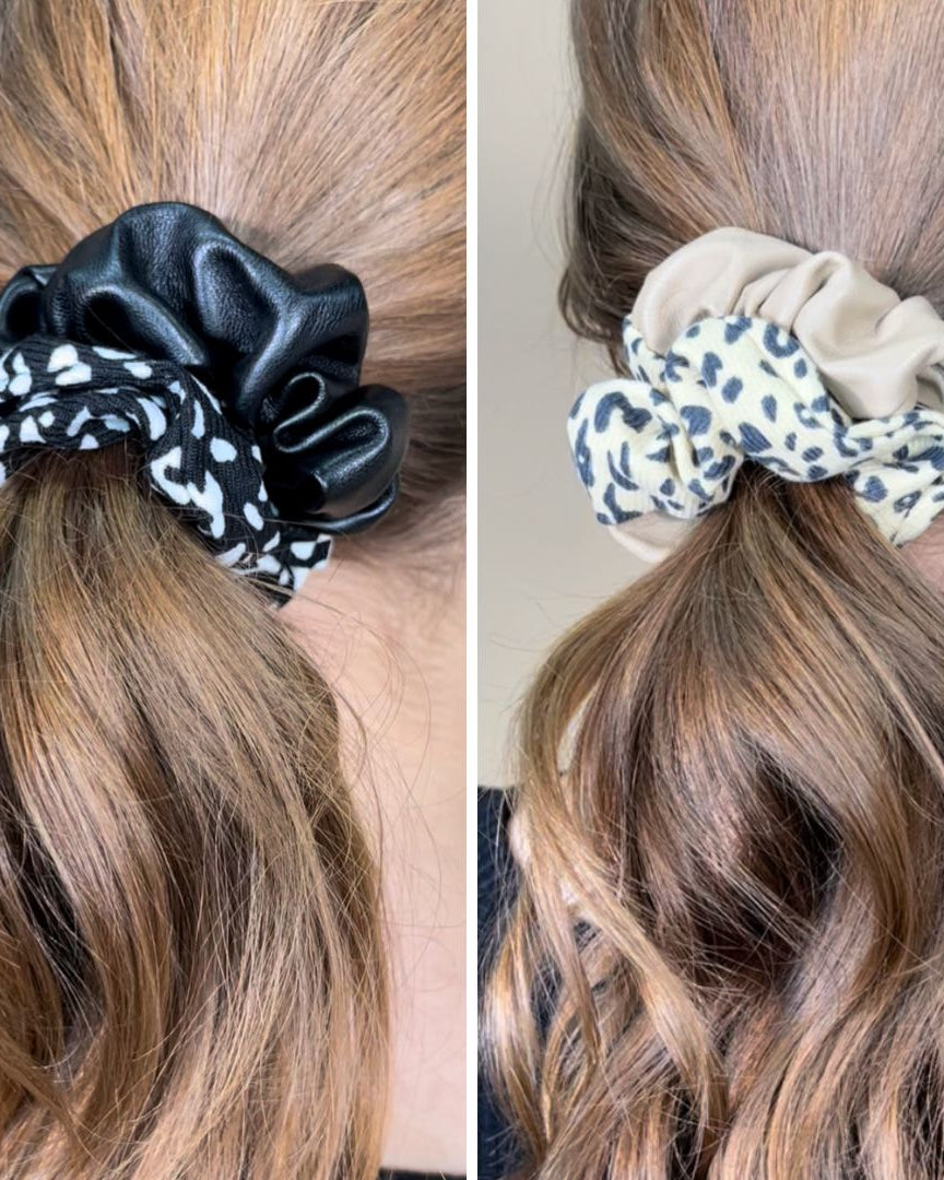 a classic pleather scrunchie paired with bold animal print and elastic in black and taupe