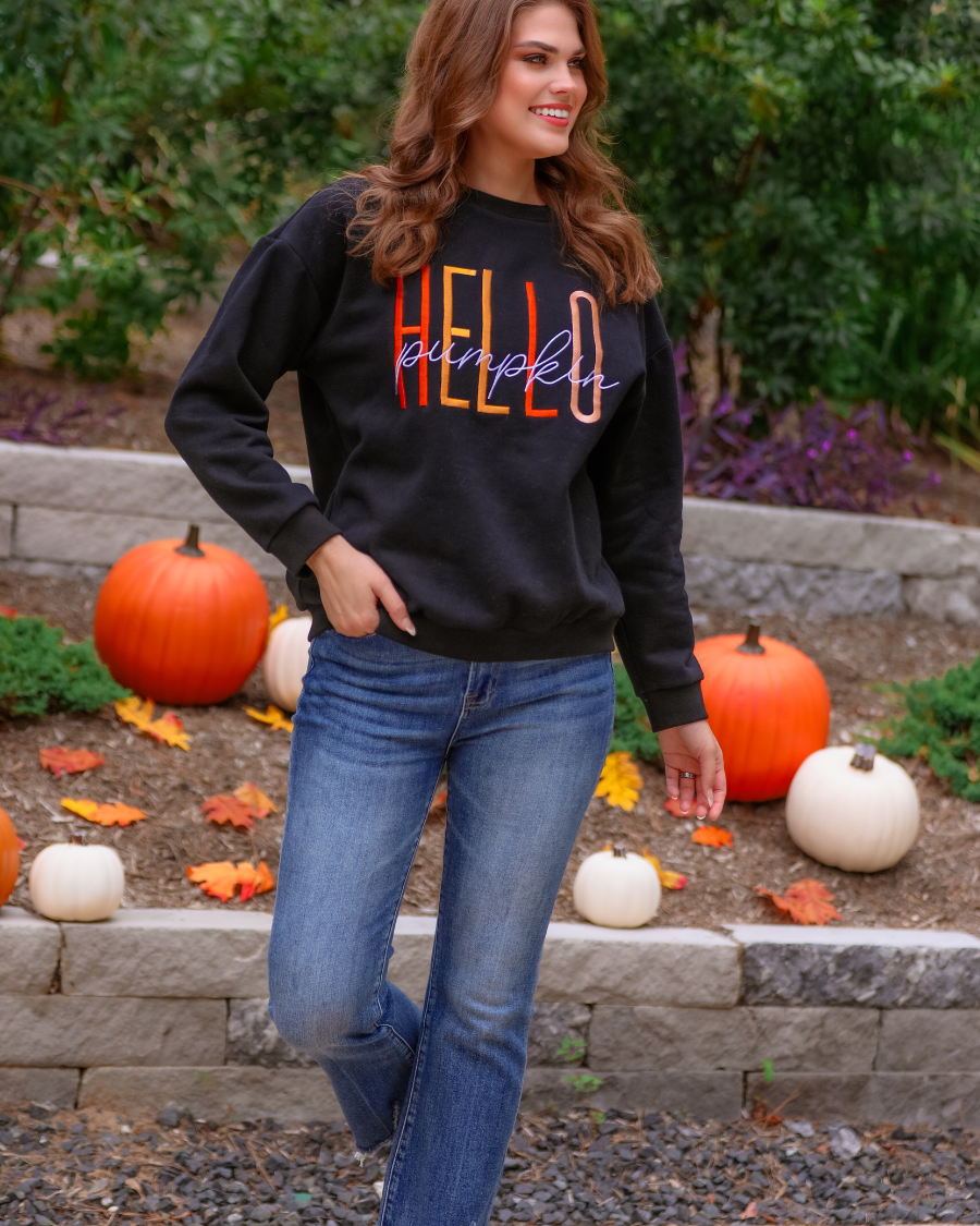 black long-sleeve sweatshirt made of soft mid-weight fabric with a crew neckline, straight hem, and colorful embroidered mix of 'HELLO' in uppercase letters (orange, rose gold, and yellow) and 'PUMPKIN' in white script handwriting