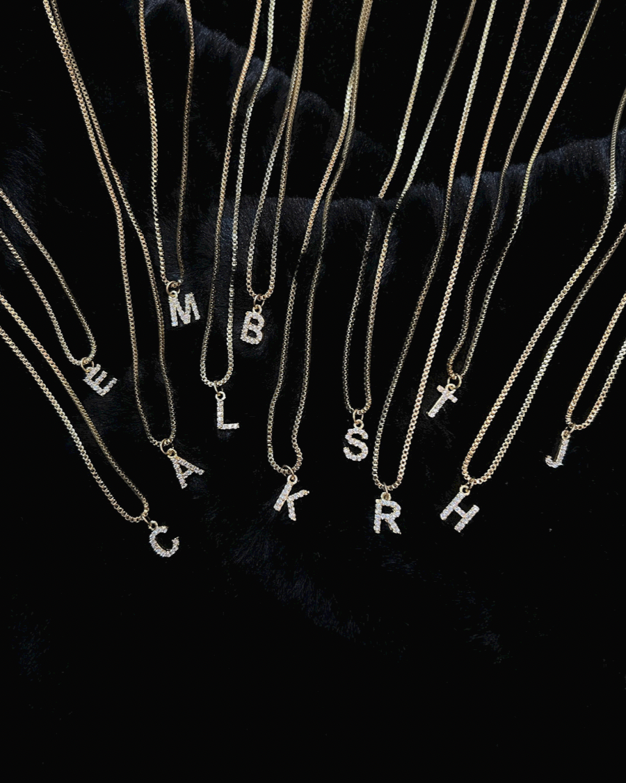 gold chain necklace with rhinestone-studded initial charm in A, B, C, E, H, J, K, L, M, R, S, and T