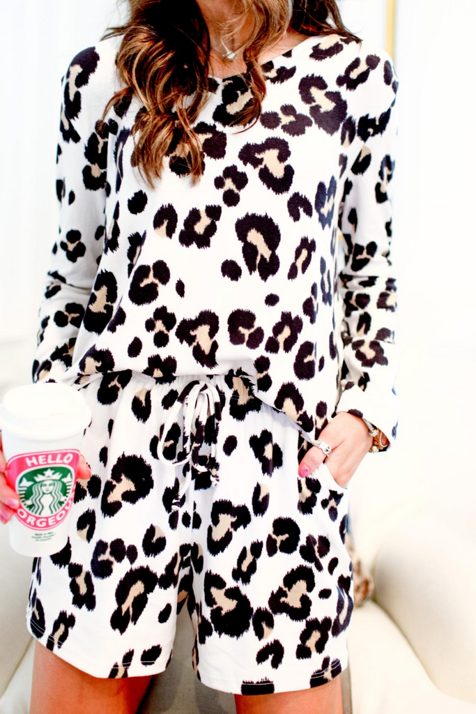 long sleeve top and shorts with pockets in white leopard print