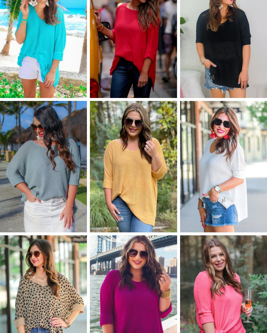 lightweight oversized tunic made of loosely knitted material with three-quarter sleeves, a hi-lo hemline, side slits, and a relaxed drape for easy, all-day wear in aqua, berry, black, grey, honey, ivory, leopard, magenta, and pink