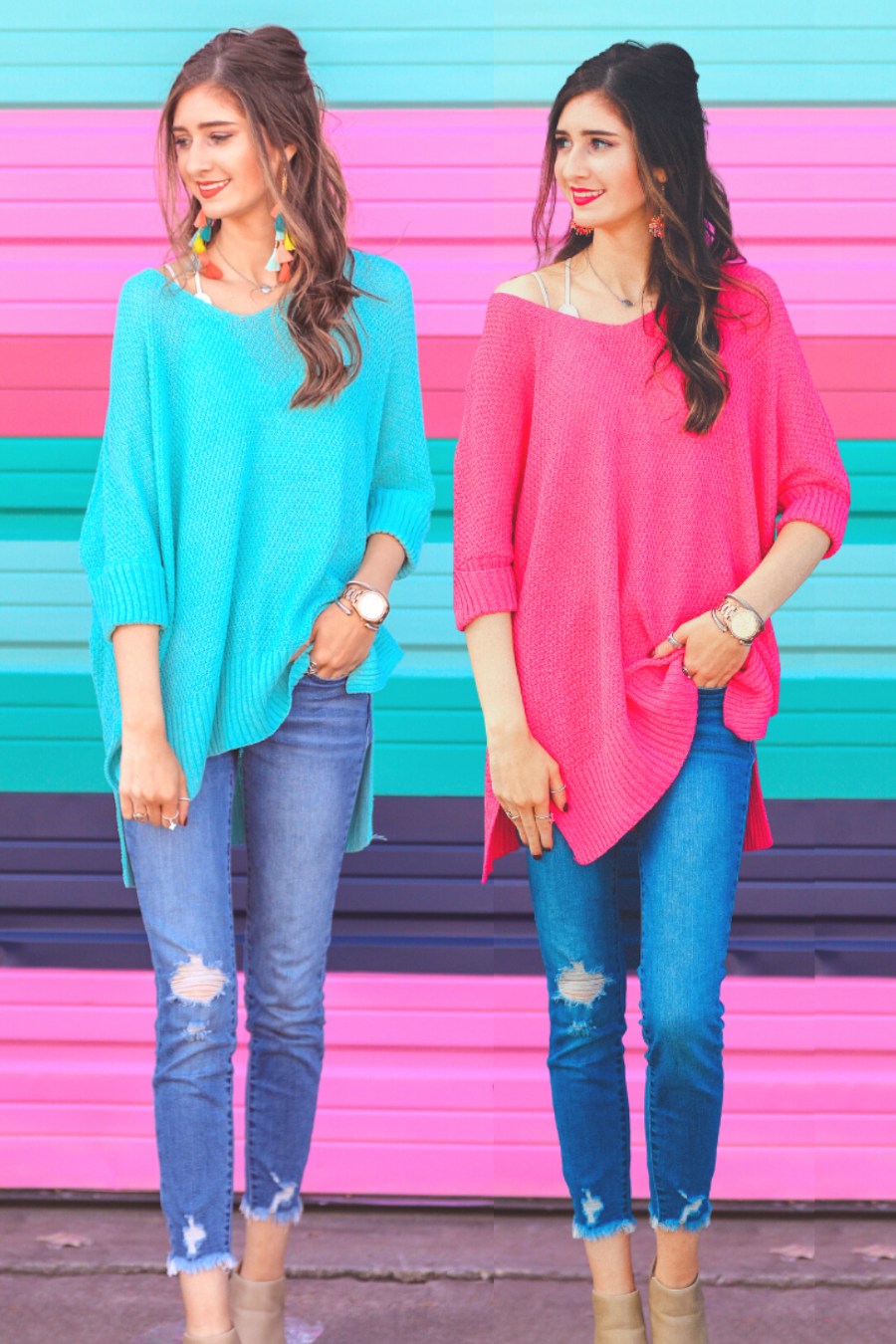 lightweight oversized tunic made of loosely knitted material with three-quarter sleeves, a hi-lo hemline, side slits, and a relaxed drape for easy, all-day wear in aqua and pink