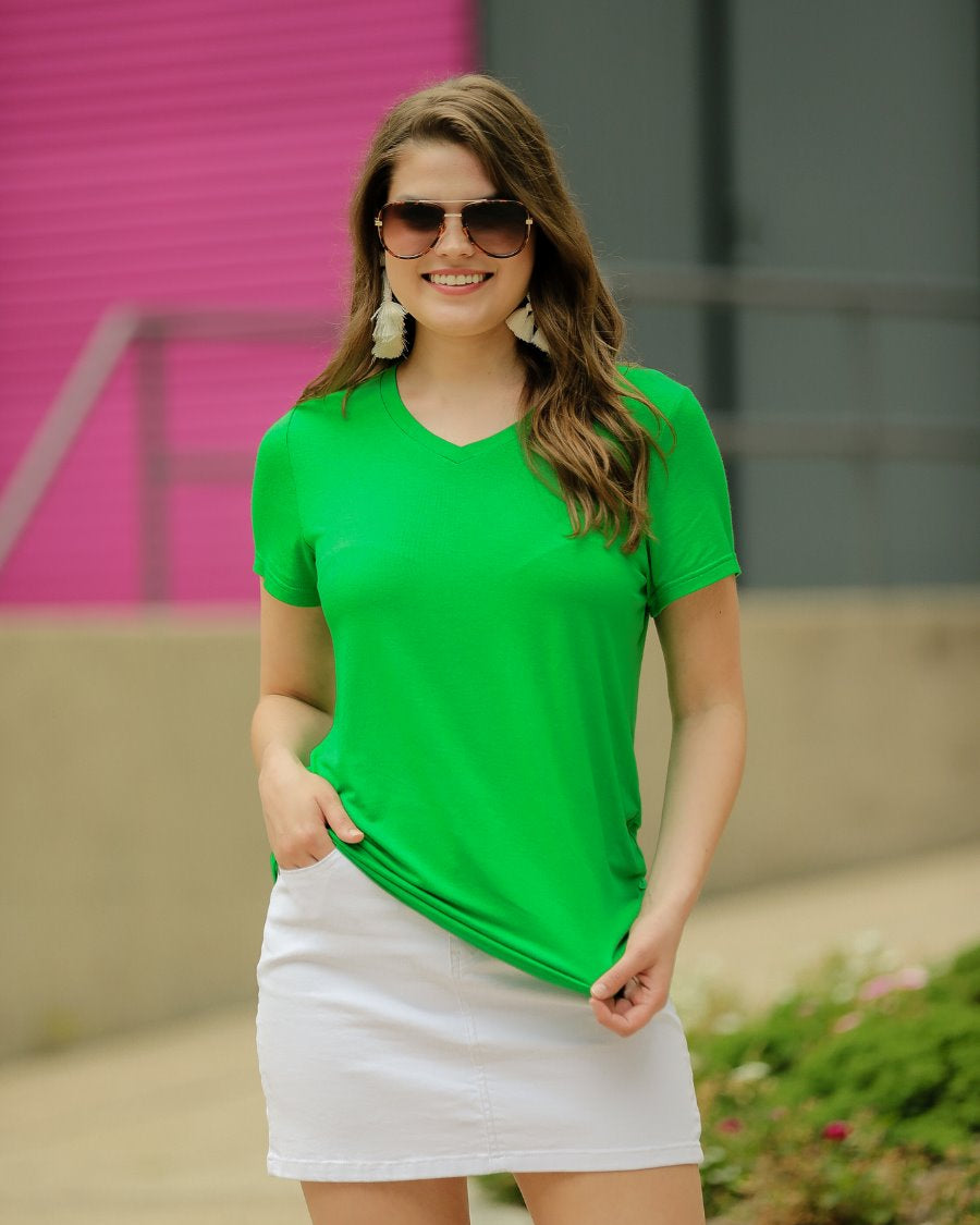 short-sleeved tee made of soft, breathable fabric with a V-neckline and a rounded hemline in kelly green
