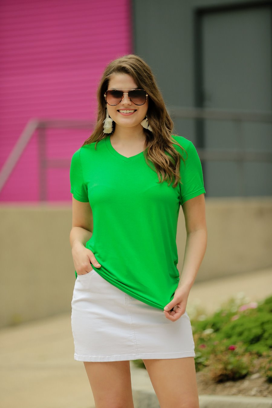 short-sleeved tee made of soft, breathable fabric with a V-neckline and a rounded hemline in kelly green