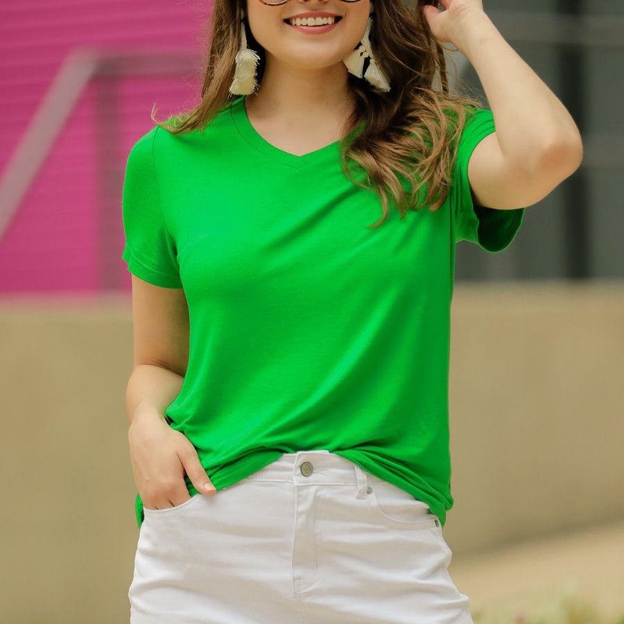 short-sleeved tee made of soft, breathable fabric with a V-neckline and a rounded hemline in kelly green