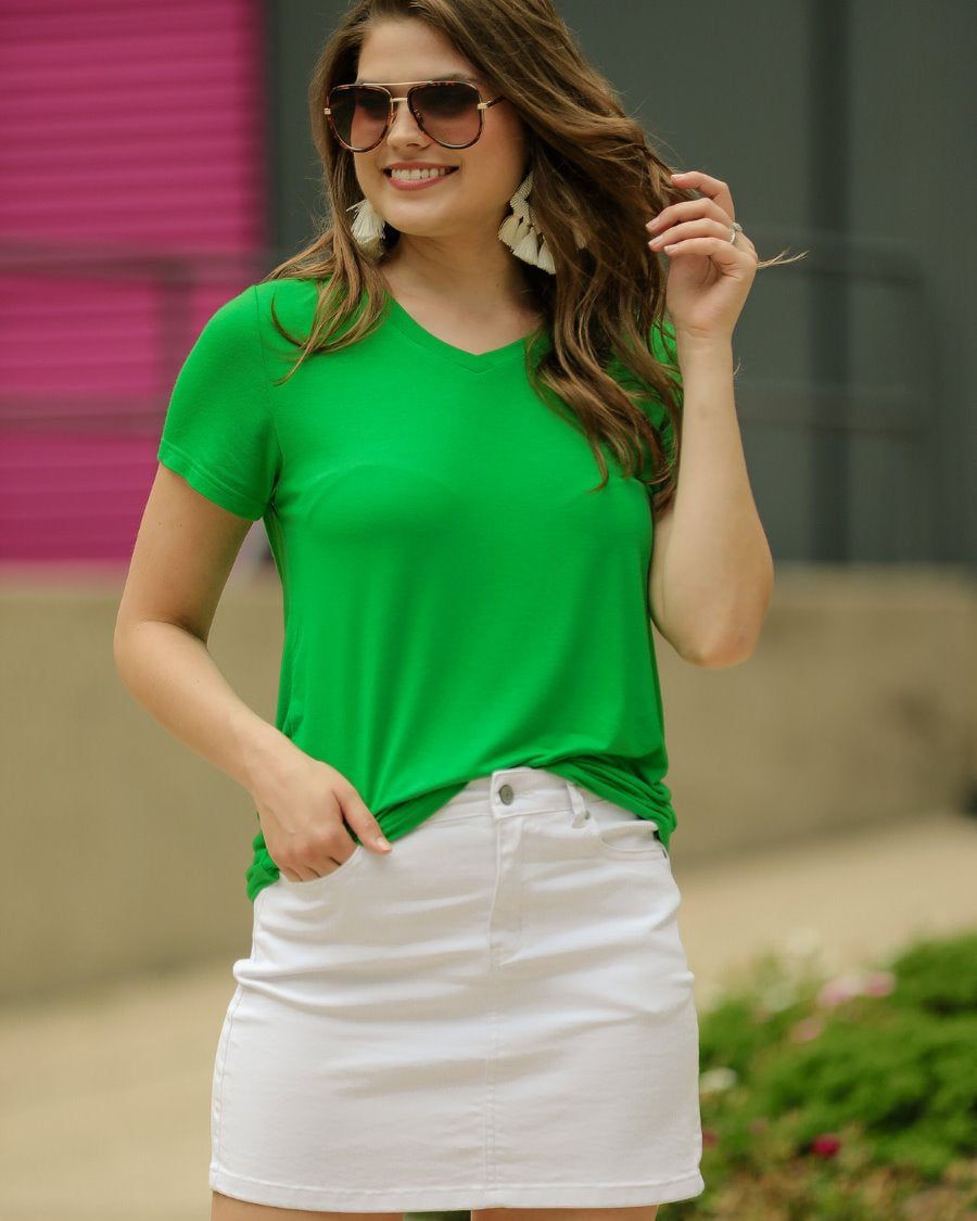 short-sleeved tee made of soft, breathable fabric with a V-neckline and a rounded hemline in kelly green