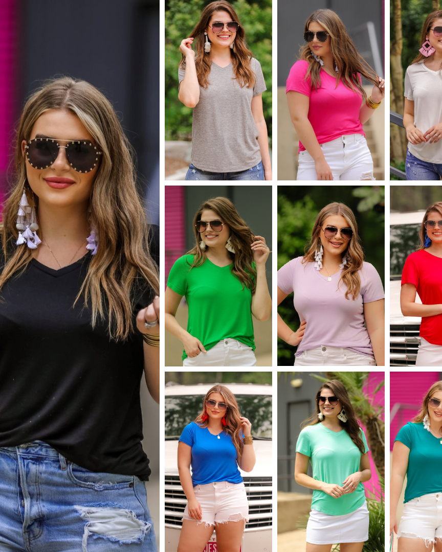 short-sleeved tee made of soft, breathable fabric with a V-neckline and a rounded hemline in the original colors (black, heathered grey, hot pink, ivory, kelly green, lavender, red, royal blue, spearmint, and teal)