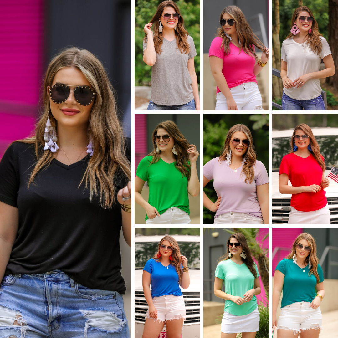 short-sleeved tee made of soft, breathable fabric with a V-neckline and a rounded hemline in the original colors (black, heathered grey, hot pink, ivory, kelly green, lavender, red, royal blue, spearmint, and teal)
