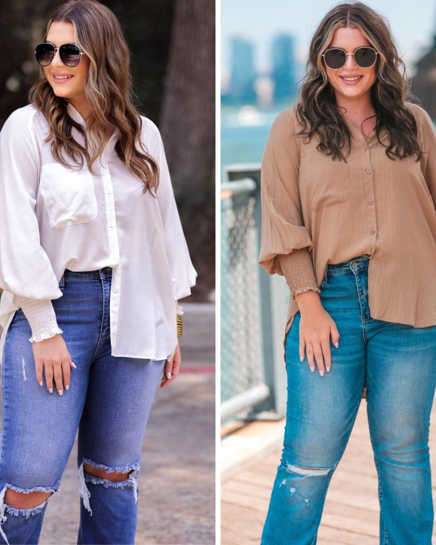 long-sleeve unlined top with a collared neckline, smocked wrists, button down front closure, functional side pockets, a chest pocket, a high-low hemline, and a relaxed fit designed on vertical stripe fabric in ivory or taupe