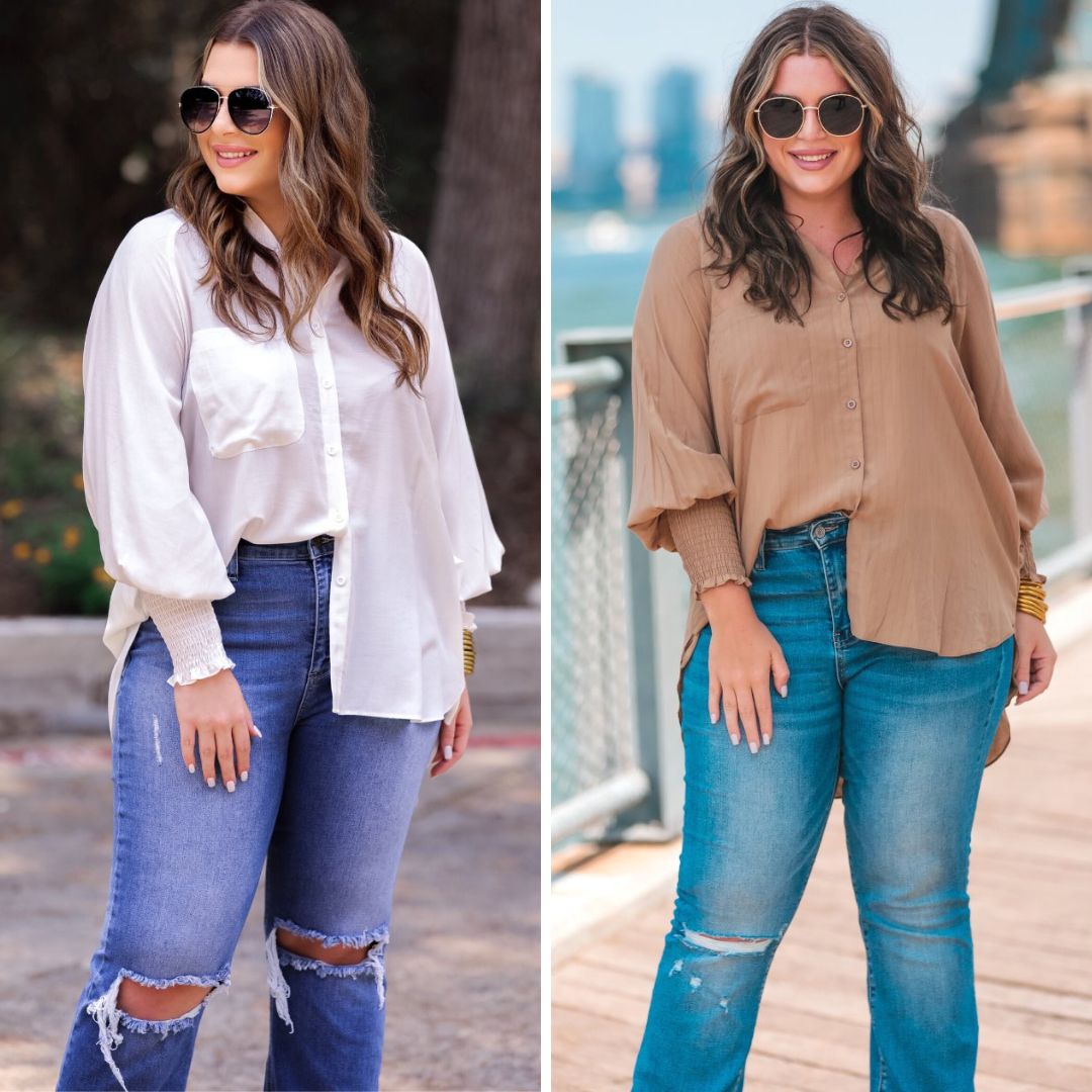 long-sleeve unlined top with a collared neckline, smocked wrists, button down front closure, functional side pockets, a chest pocket, a high-low hemline, and a relaxed fit designed on vertical stripe fabric in ivory or taupe