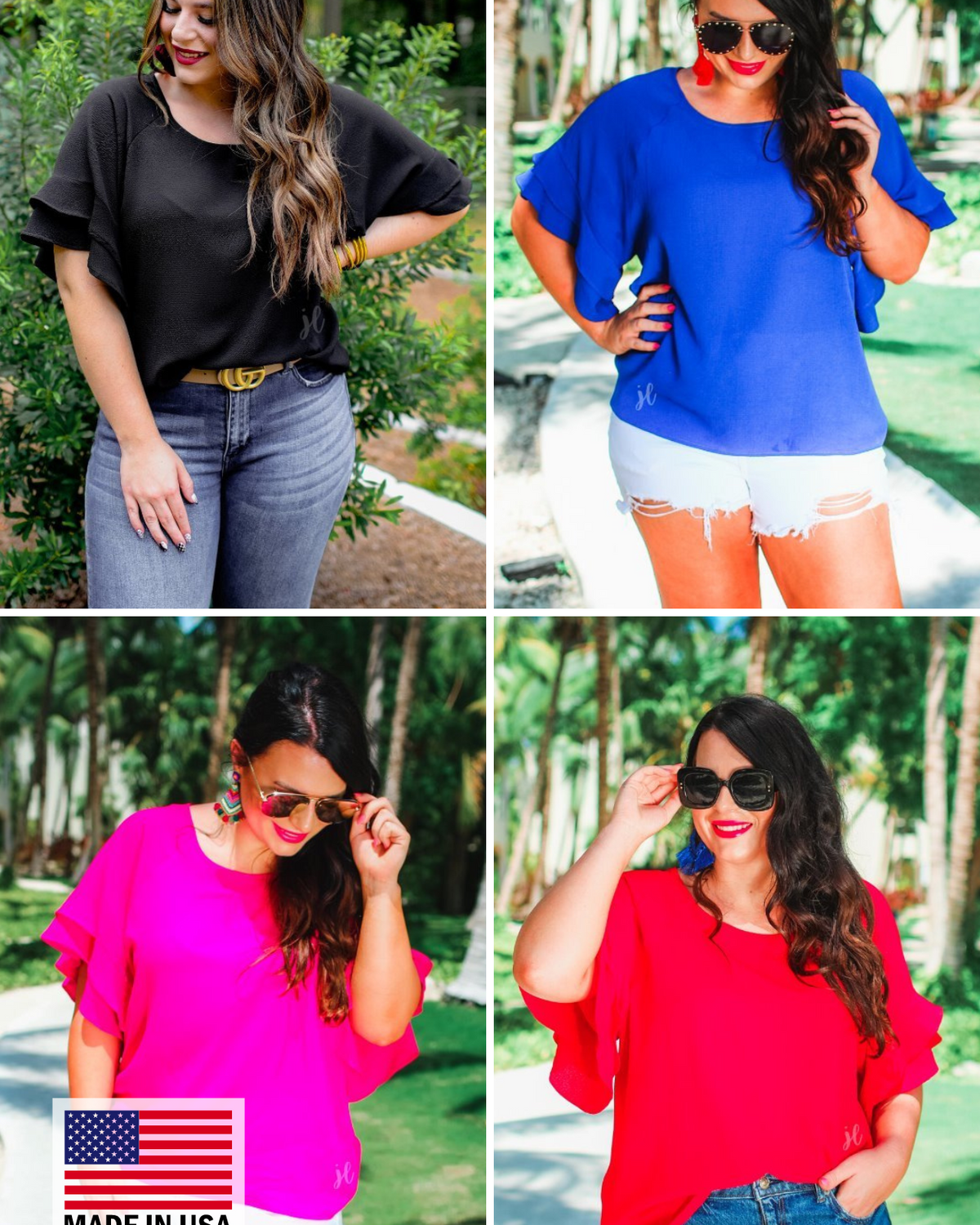 true-to-size blouses crafted from lightweight textured fabric with a rounded neckline, tiered ruffle sleeves, and a relaxed drape in black, blue, pink, and red, accented by a MADE IN USA watermark in the bottom left-hand corner