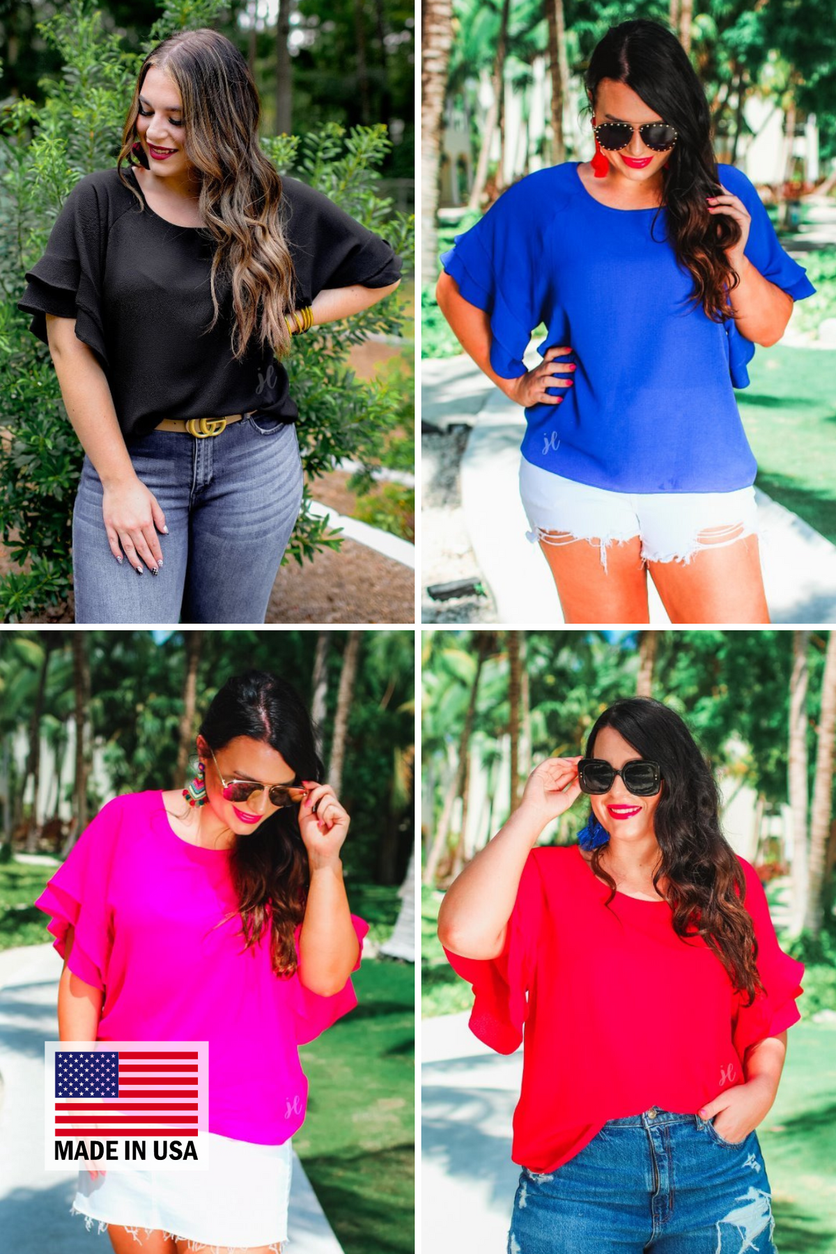 true-to-size blouses crafted from lightweight textured fabric with a rounded neckline, tiered ruffle sleeves, and a relaxed drape in black, blue, pink, and red, accented by a MADE IN USA watermark in the bottom left-hand corner
