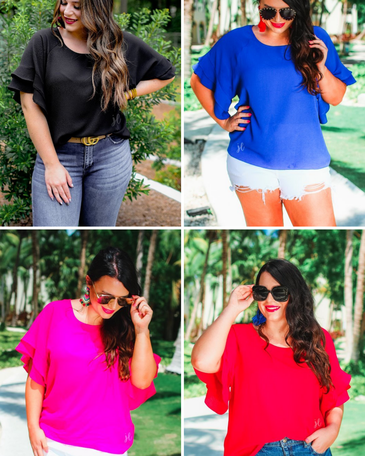 true-to-size blouses crafted from lightweight textured fabric with a rounded neckline, tiered ruffle sleeves, and a relaxed drape in black, blue, pink, and red