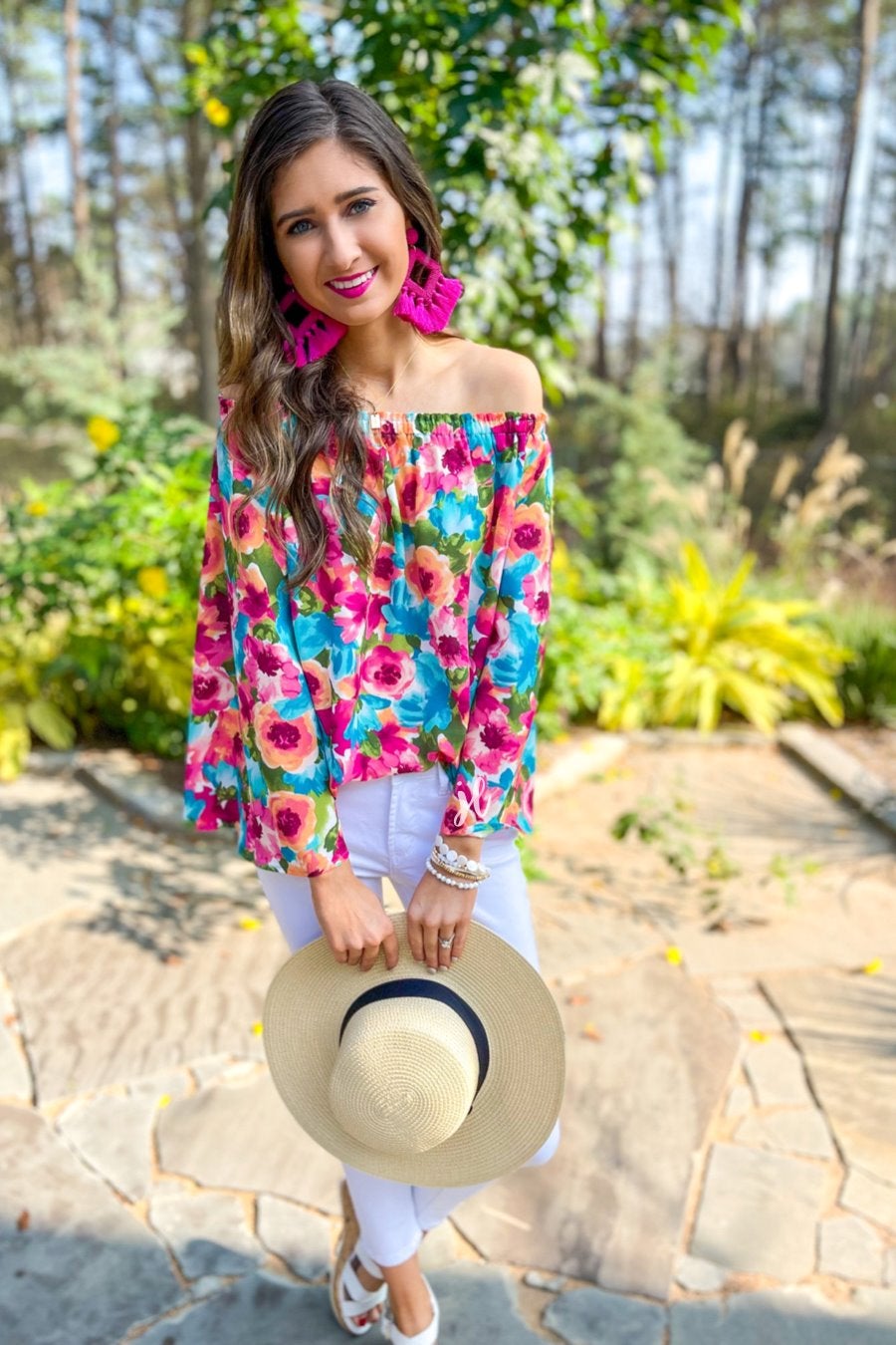 off-the-shoulder flow top with an elastic neckline in a vibrant exclusive floral pattern in multicolor