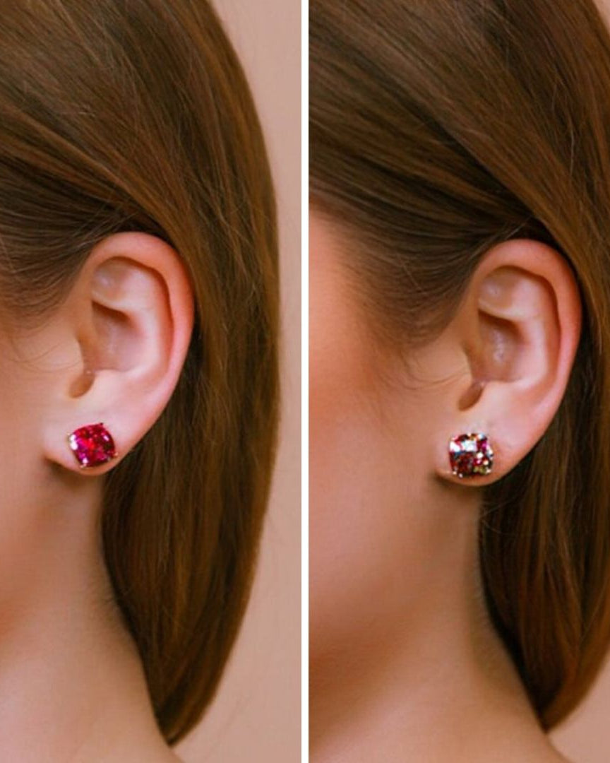 a dainty gold-plated stud earring with glitter sparkles, a comfort replacement earring back with a plastic disk stopper style in hot pink and multicolor