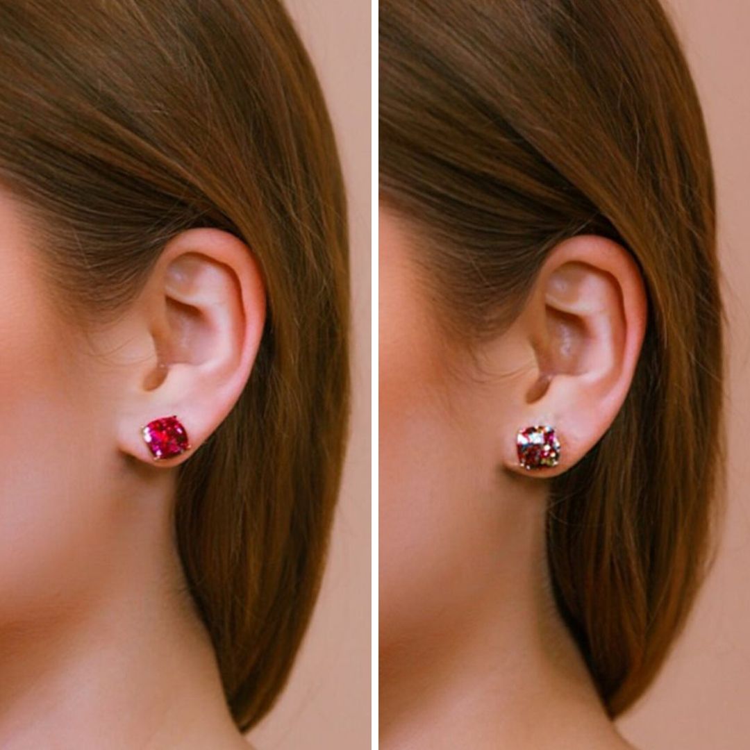 a dainty gold-plated stud earring with glitter sparkles, a comfort replacement earring back with a plastic disk stopper style in hot pink and multicolor