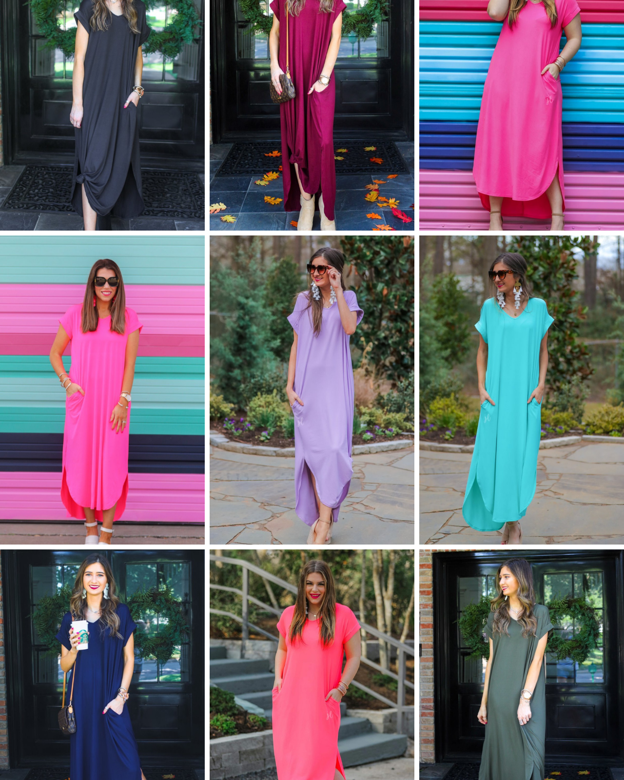 oversized short-sleeve t-shirt dress crafted from soft, stretchy material with a V-neckline, cuffed sleeves, side slits, and pockets on a solid color fabric in black, burgundy, fuchsia, hot pink, lavender, mint, navy, neon coral, and olive