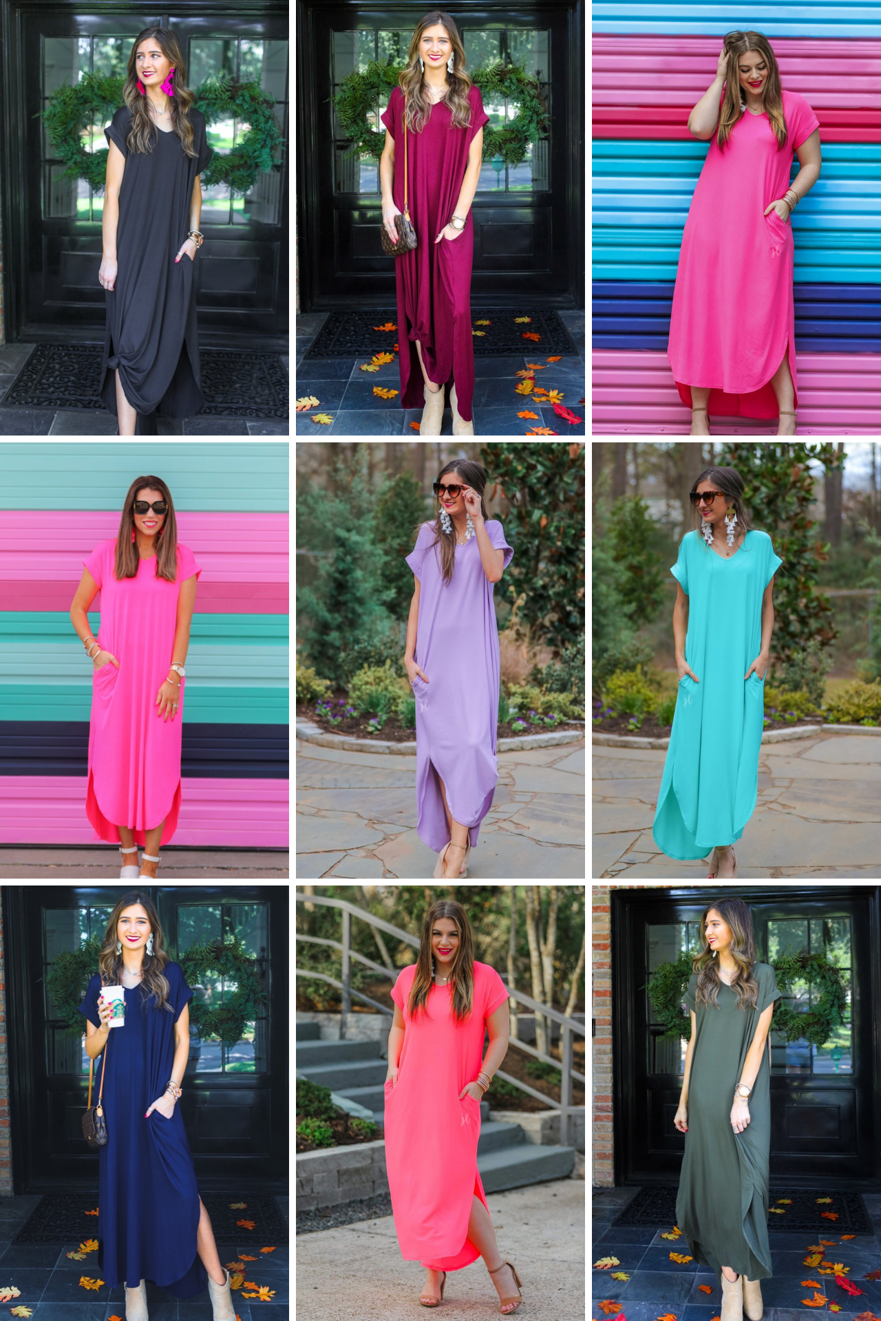 oversized short-sleeve t-shirt dress crafted from soft, stretchy material with a V-neckline, cuffed sleeves, side slits, and pockets on a solid color fabric in black, burgundy, fuchsia, hot pink, lavender, mint, navy, neon coral, and olive