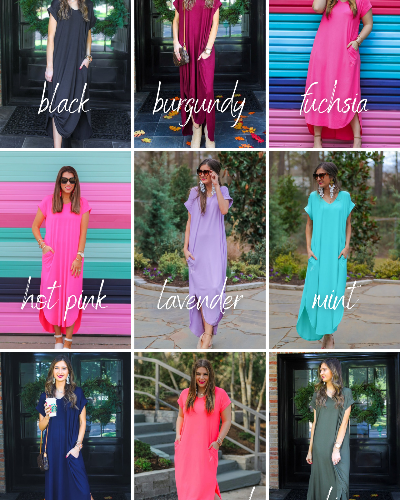 oversized short-sleeve t-shirt dress crafted from soft, stretchy material with a V-neckline, cuffed sleeves, side slits, and pockets on a solid color fabric in black, burgundy, fuchsia, hot pink, lavender, mint, navy, neon coral, and olive