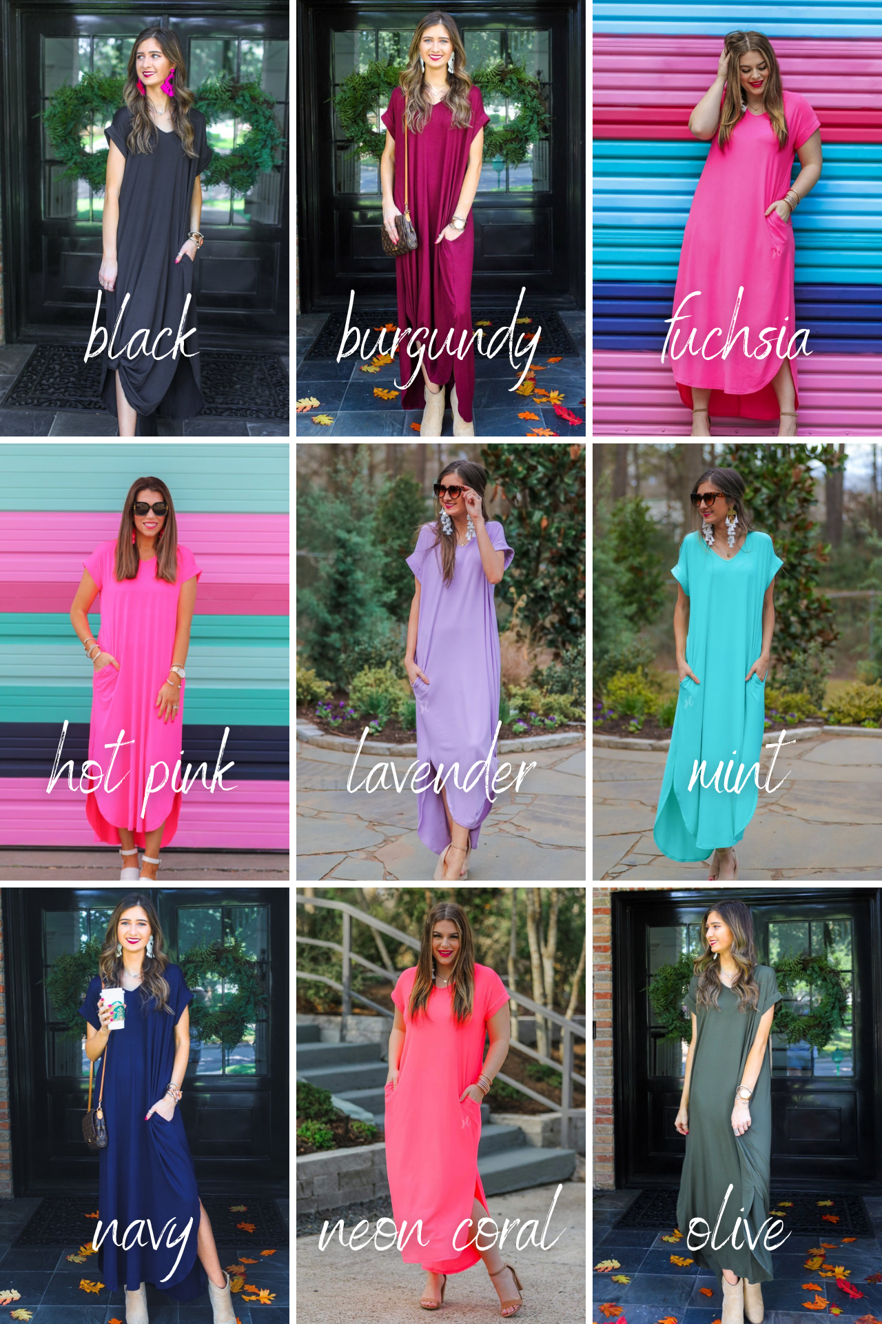 oversized short-sleeve t-shirt dress crafted from soft, stretchy material with a V-neckline, cuffed sleeves, side slits, and pockets on a solid color fabric in black, burgundy, fuchsia, hot pink, lavender, mint, navy, neon coral, and olive