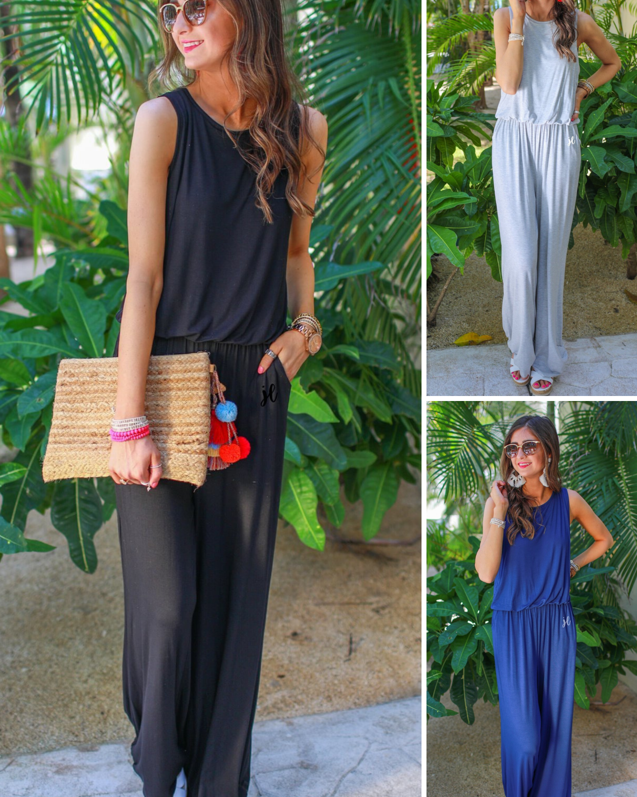 a sleeveless one-piece jumpsuit with wide 2.5" shoulder straps, a rounded neckline, elastic waist, side pockets, keyhole button back, and a relaxed flare leg silhouette in black, grey, and navy