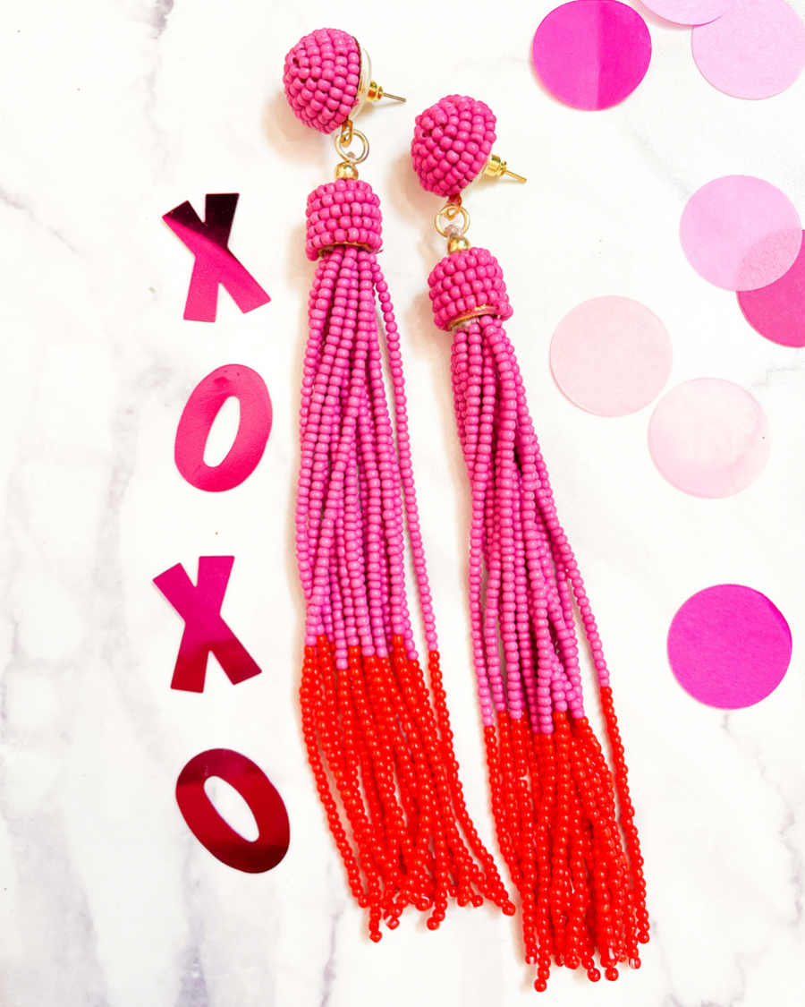 pink and red ombré beaded tassels with a pink beaded stud, comfort replacement earring back, and plastic disk stopper style in silver and gold