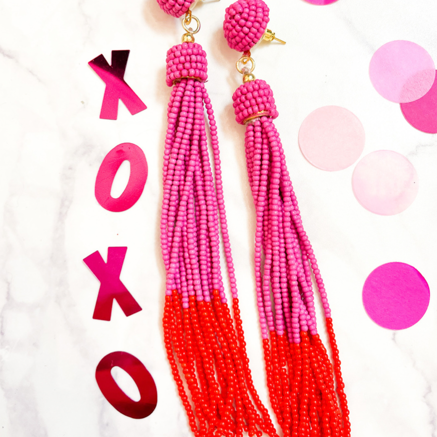 pink and red ombré beaded tassels with a pink beaded stud, comfort replacement earring back, and plastic disk stopper style in silver and gold