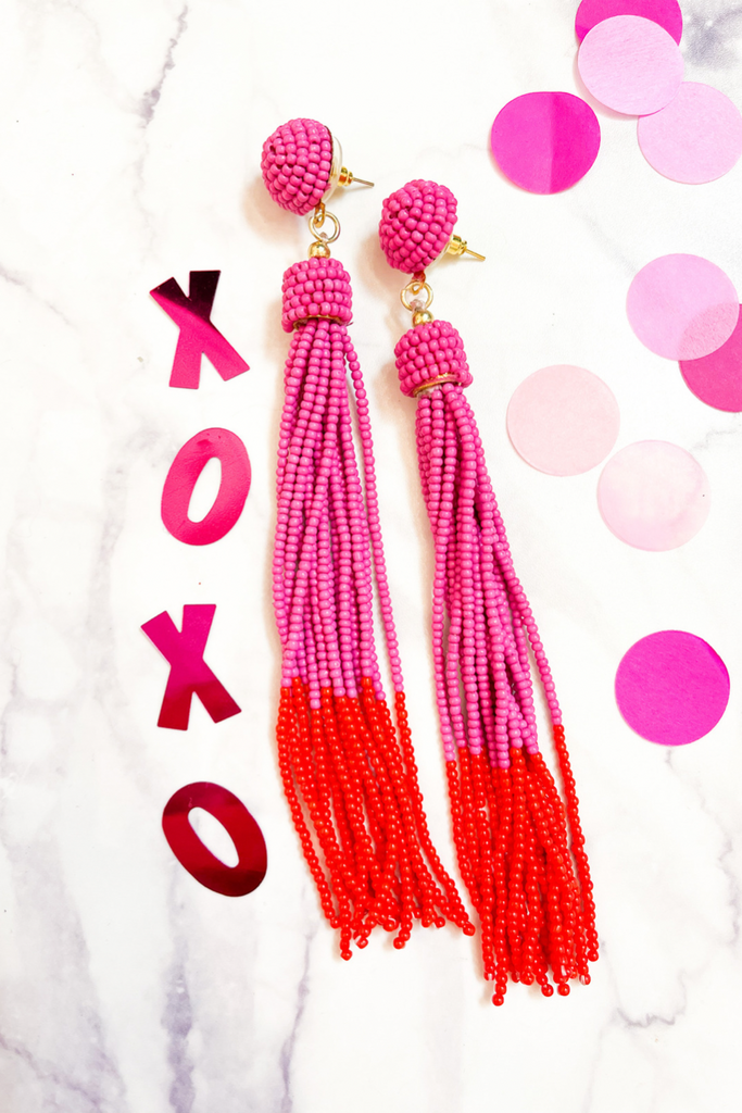 pink & red ombré beaded tassels with a pink beaded stud, comfort replacement earring back, & plastic disk stopper style in silver & gold