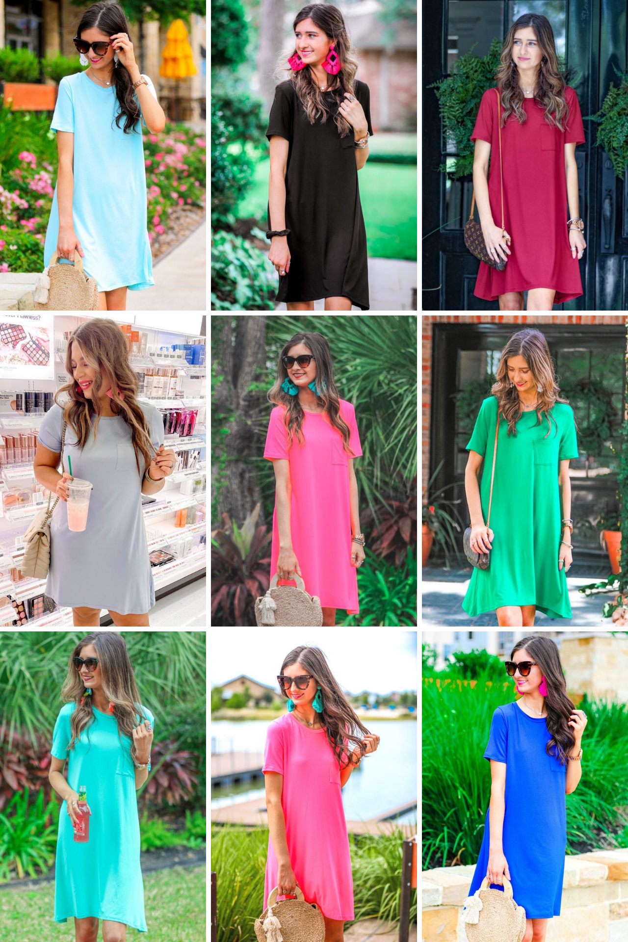 short sleeves made of super soft fabric with a round neckline, A-line style with a straight hemline, and a front chest pocket in aqua, black, burgundy, chambray, hot pink, kelly green, mint, neon pink, and royal blue