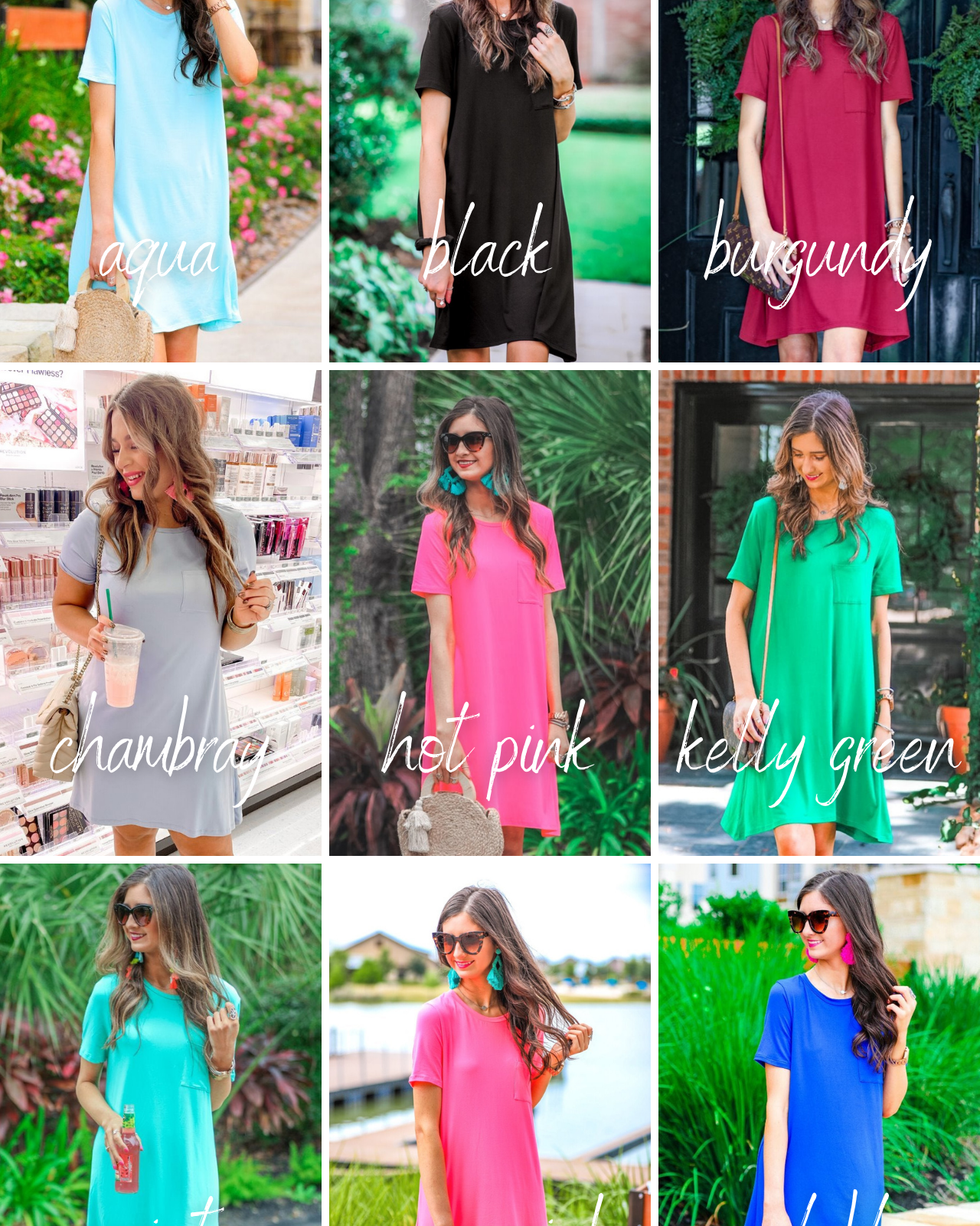 short sleeves made of super soft fabric with a round neckline, A-line style with a straight hemline, and a front chest pocket in aqua, black, burgundy, chambray, hot pink, kelly green, mint, neon pink, and royal blue