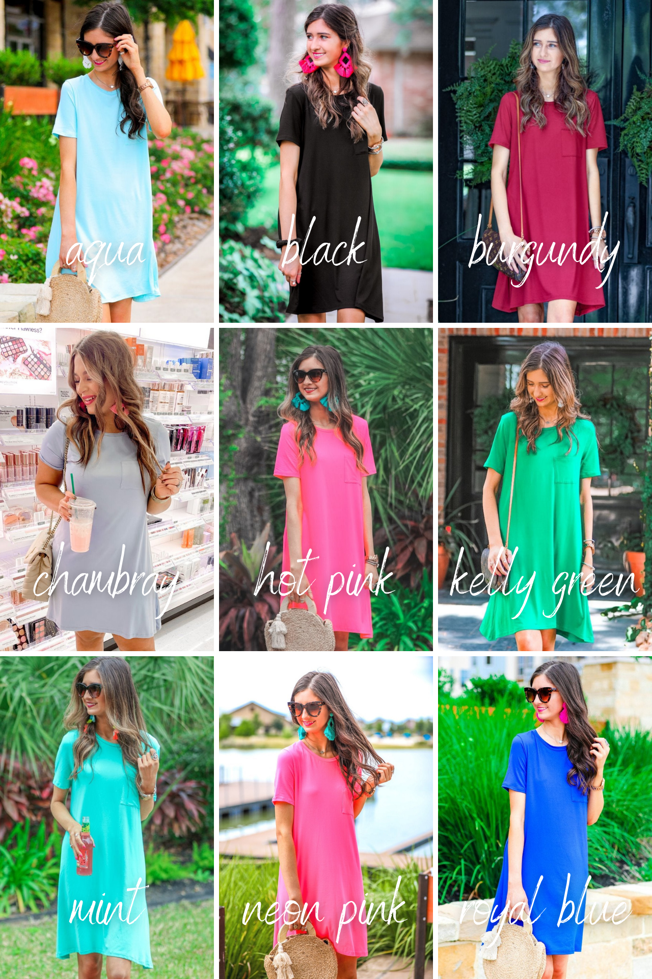 short sleeves made of super soft fabric with a round neckline, A-line style with a straight hemline, and a front chest pocket in aqua, black, burgundy, chambray, hot pink, kelly green, mint, neon pink, and royal blue