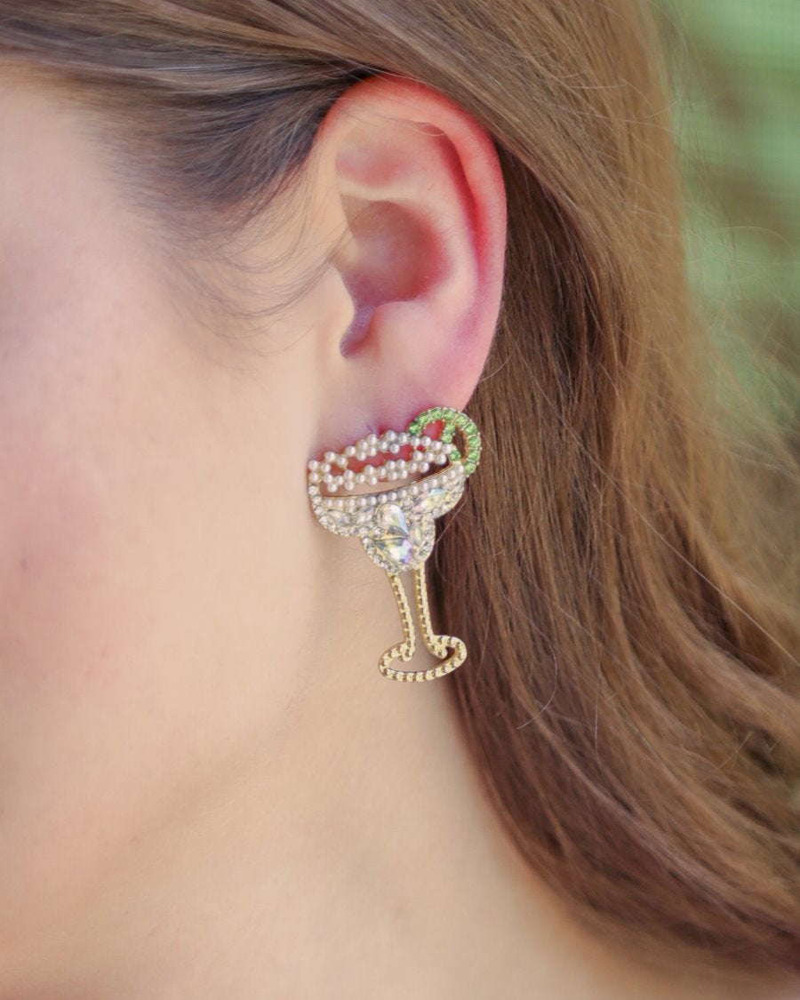 a margarita glass shape gold plated stud earring with eye-catching stone with a comfort back earring, and plastic disc stopper in gold