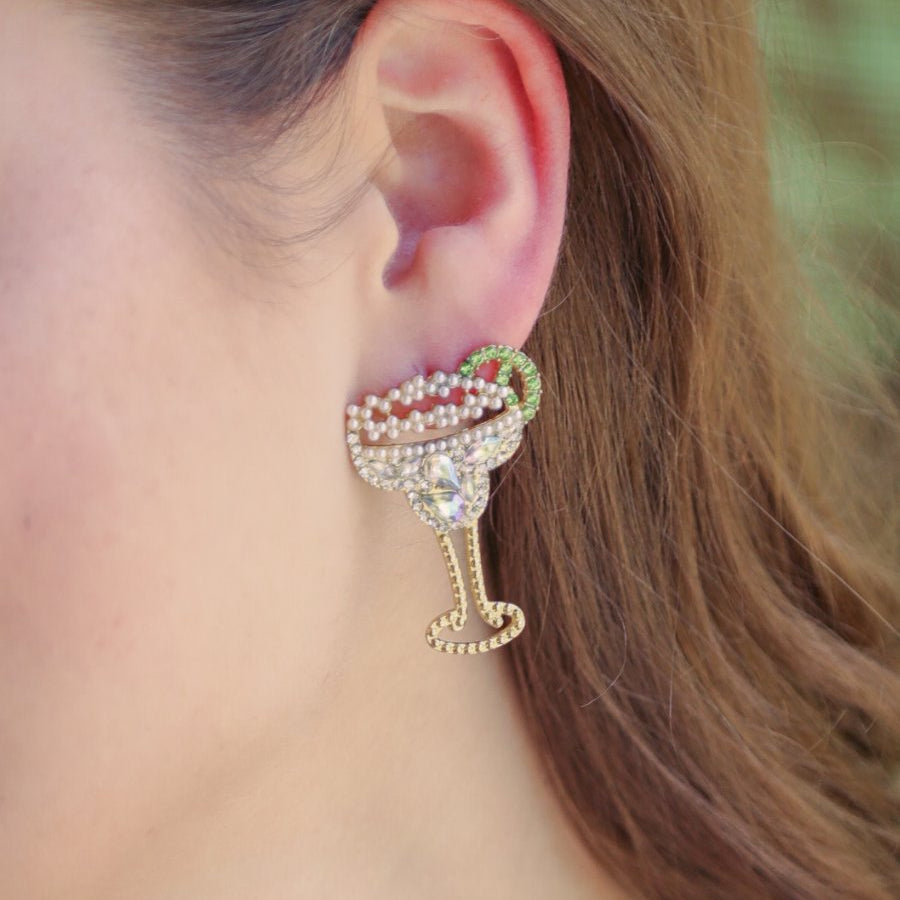 a margarita glass shape gold plated stud earring with eye-catching stone with a comfort back earring, and plastic disc stopper in gold