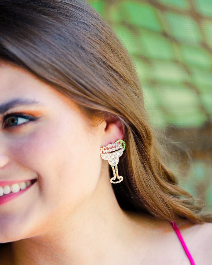 a margarita glass shape gold plated stud earring with eye-catching stone with a comfort back earring, and plastic disc stopper in gold