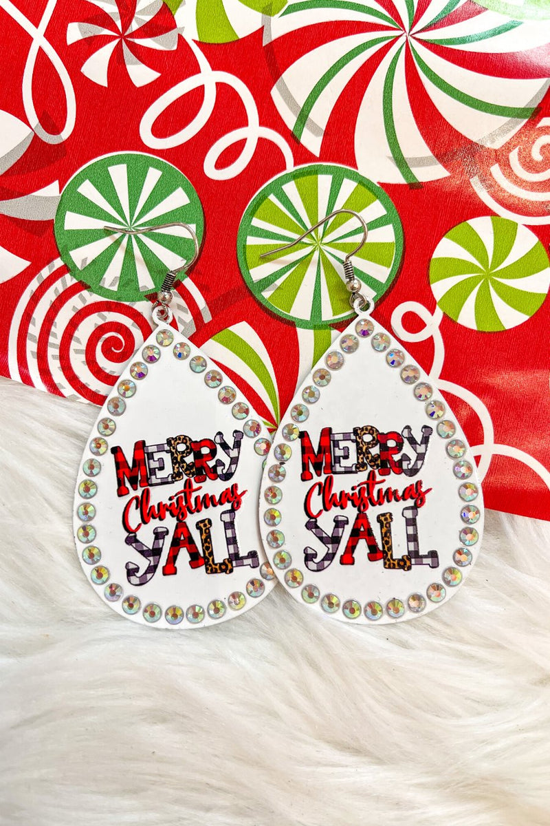 a fish hook back teardrop shape earring with a rhinestone outline and 'MERRY CHRISTMAS Y'ALL' written in alternating prints of red/black checkered, black/white checkered, brown leopard, and solid red