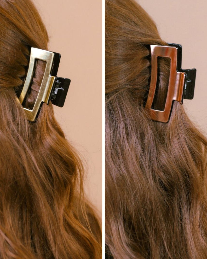 a metallic claw clip with a strong hold and sleek shine in gold and rose gold