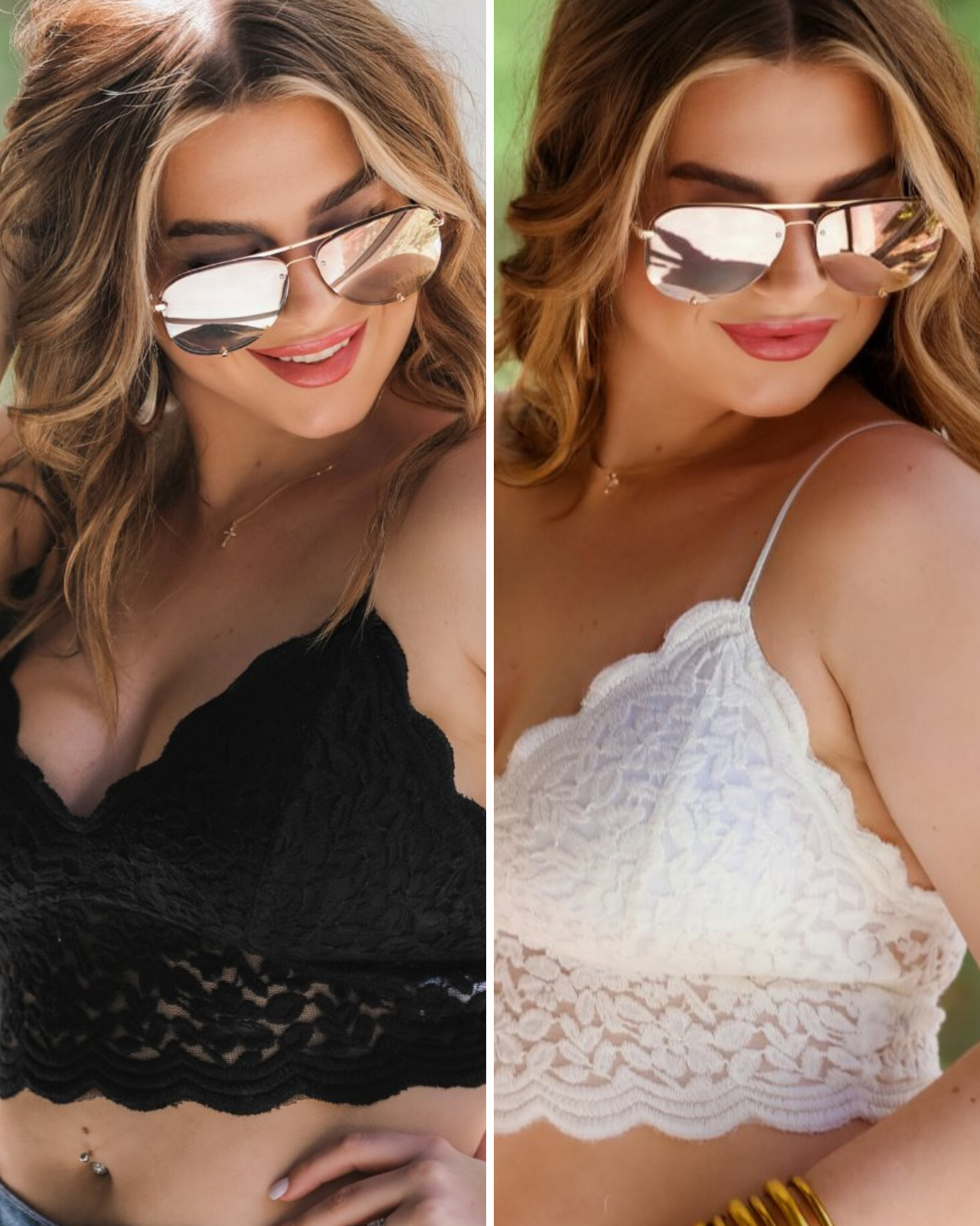 crochet lace bralette with a pullover style, a V-neckline, adjustable straps, and removable pads in black and ivory