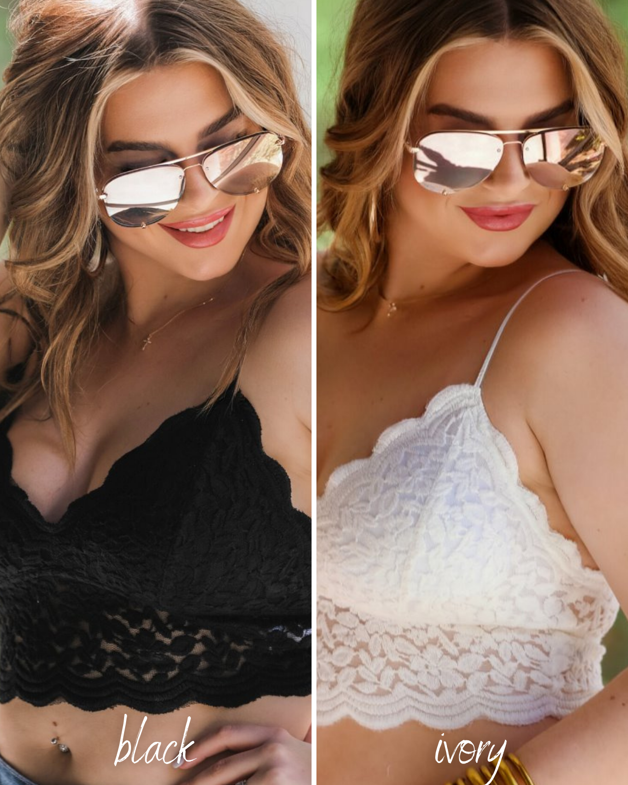 crochet lace bralette with a pullover style, a V-neckline, adjustable straps, and removable pads in black and ivory