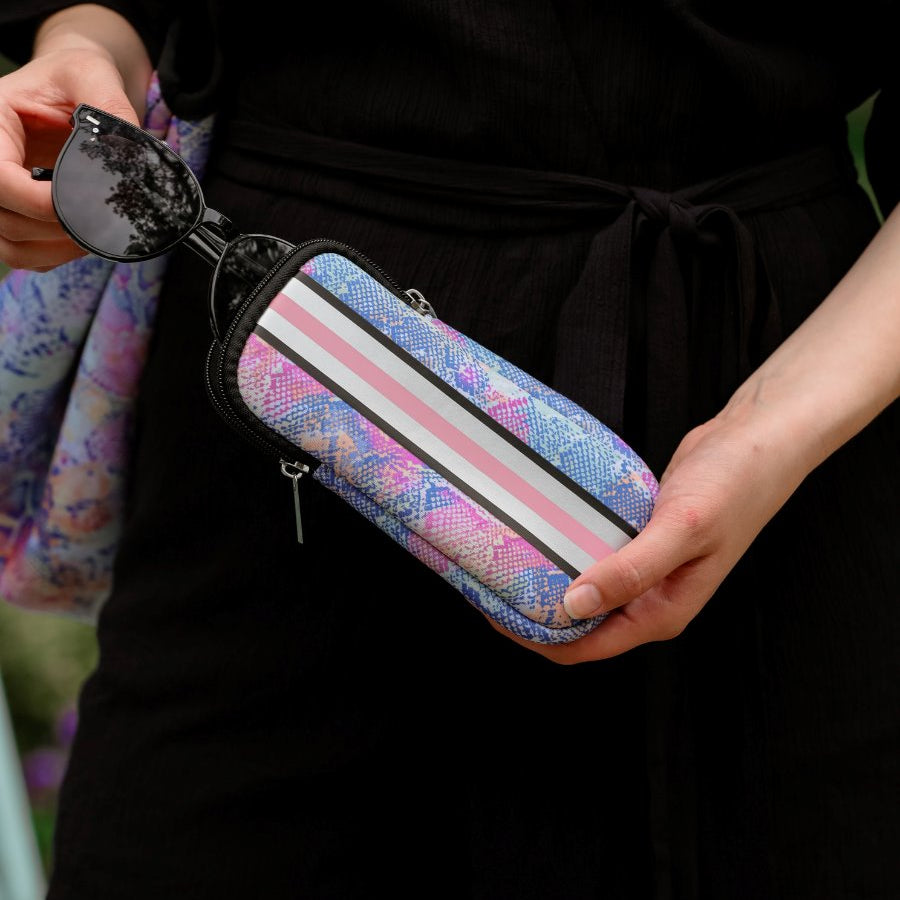 ultra-lightweight sunglasses case made of neoprene with a top double zipper in silver hardware and corresponding racing stripes in multi snake