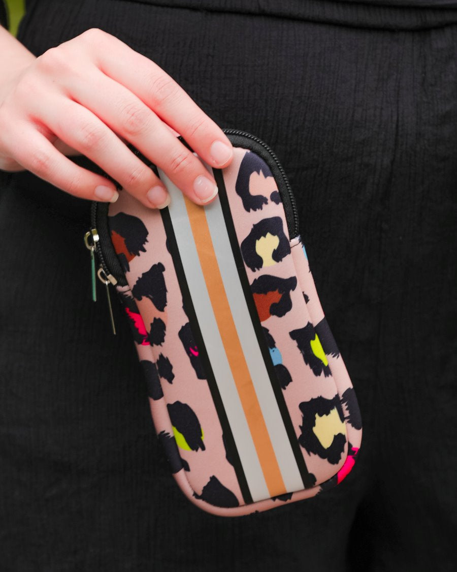 ultra-lightweight sunglasses case made of neoprene with a top double zipper in silver hardware and corresponding racing stripes in multi leopard