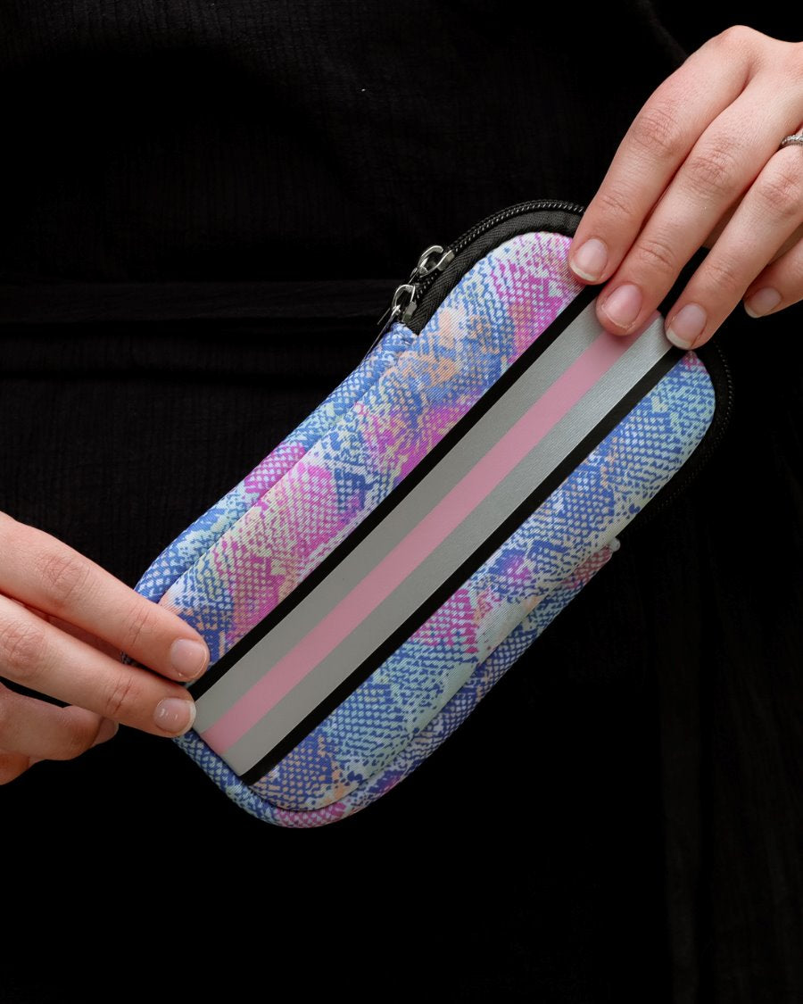 ultra-lightweight sunglasses case made of neoprene with a top double zipper in silver hardware and corresponding racing stripes in multi snake